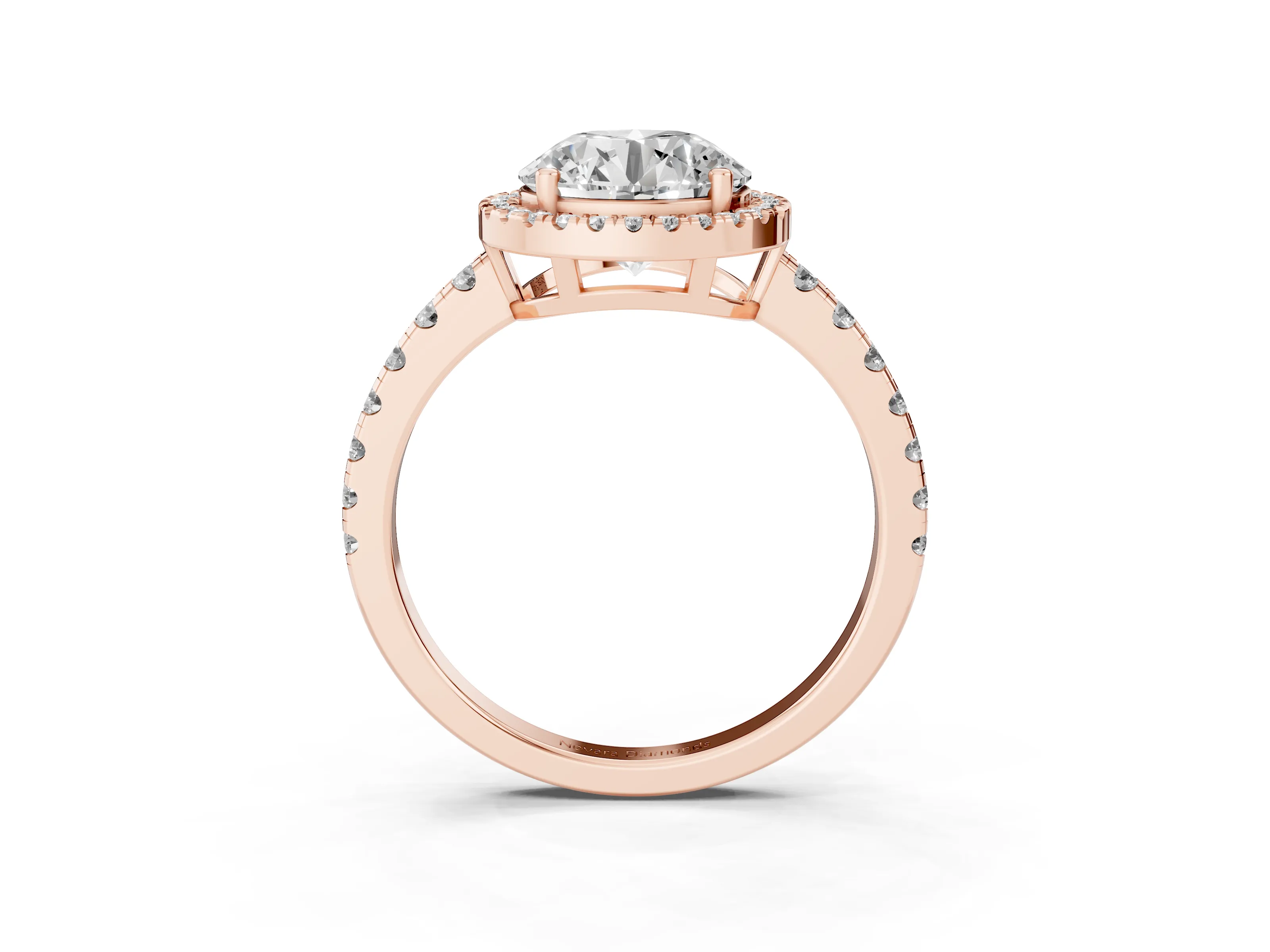 Round Cut Diamond Halo Ring Set in Rose gold with Delicate Pavé Band and Prong Setting