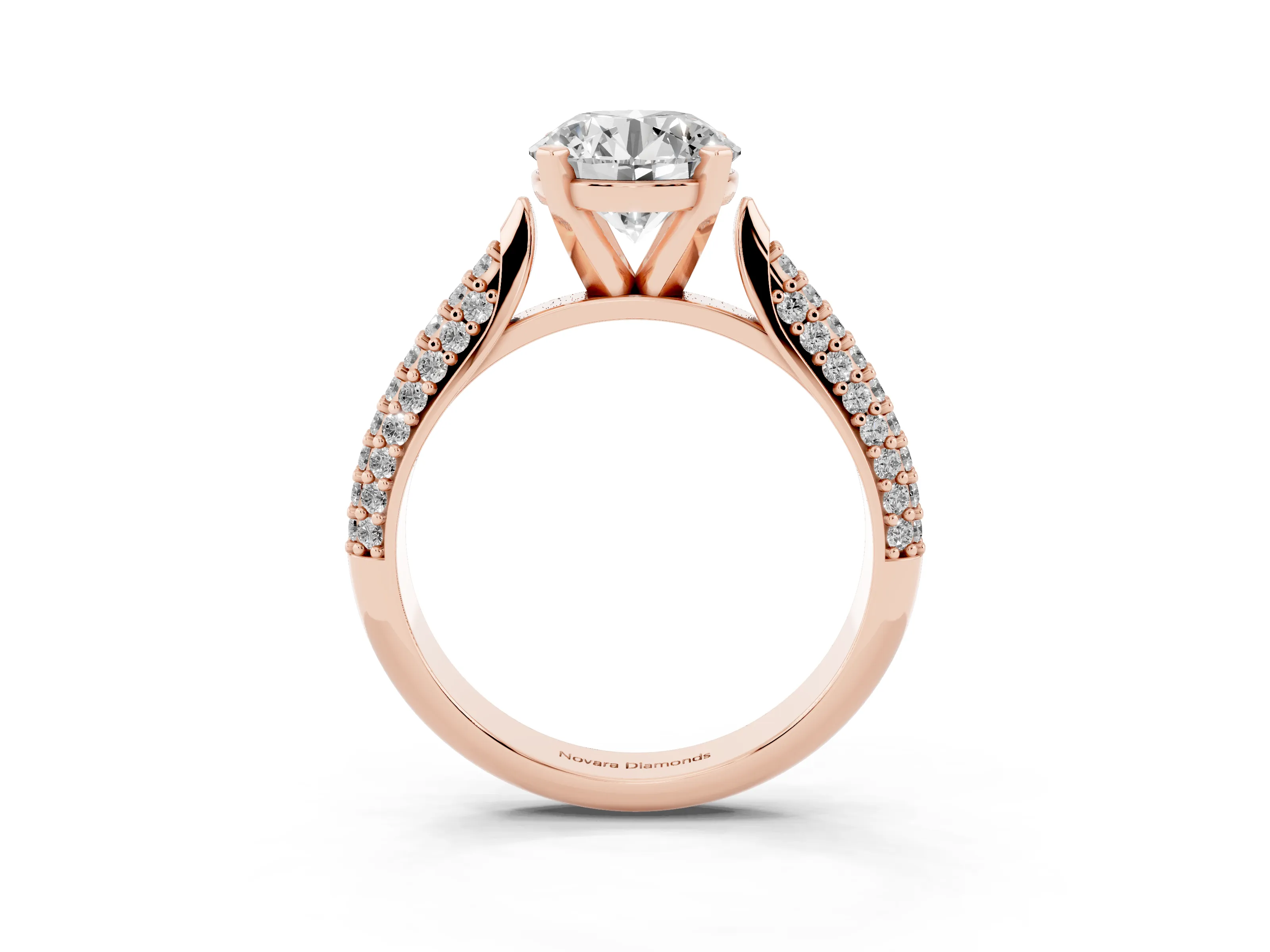 Round Cut Diamond Solitaire Engagement Ring Set in Rose gold with Multi-Row Round Pavé Band and Prong Setting
