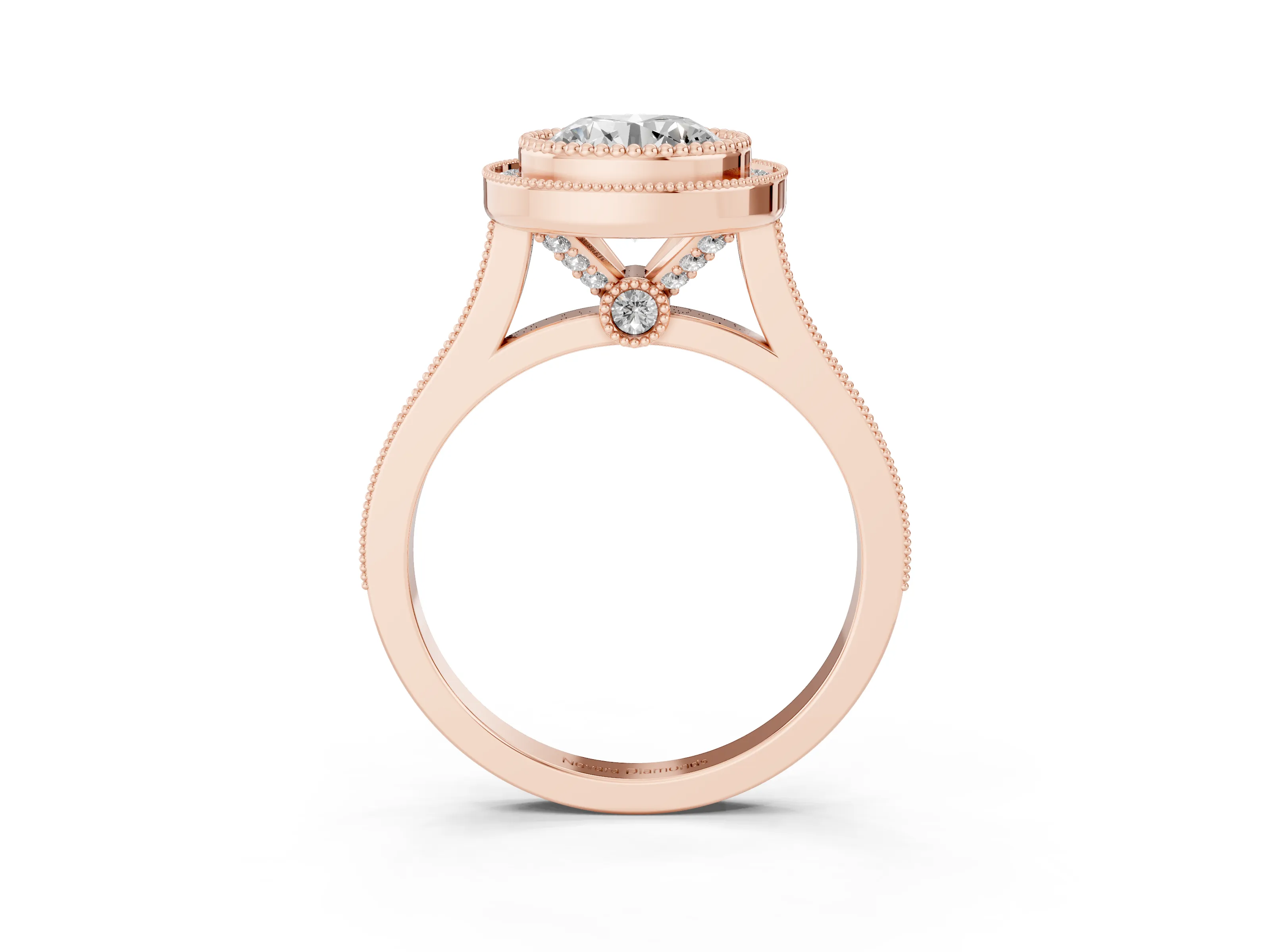 Round Cut Diamond Halo Ring Set in Rose gold with Milgrain Frame and Pavé Band