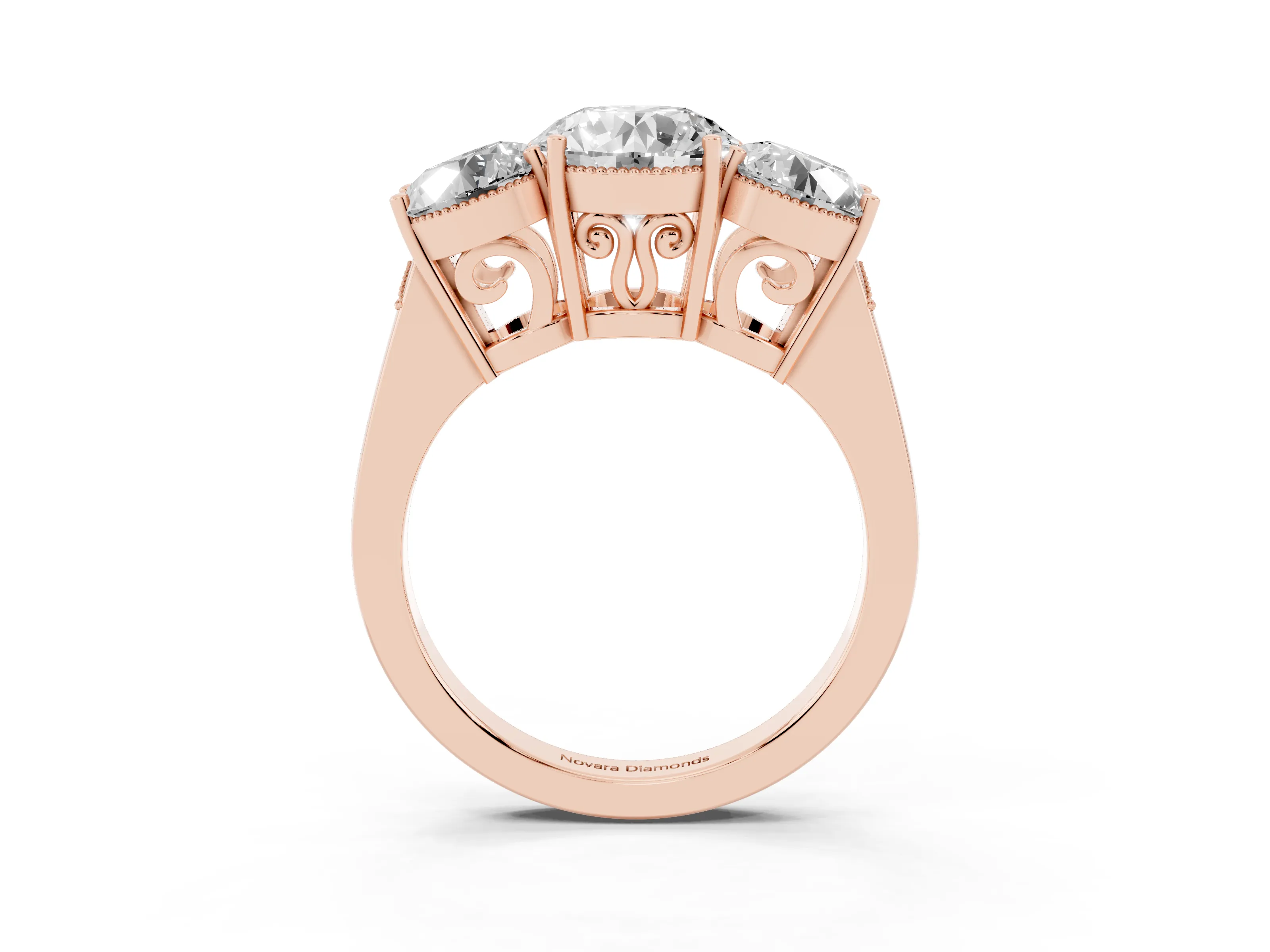 Round Cut Diamond Three-Stone Engagement Ring Set in Rose gold with Polished Band