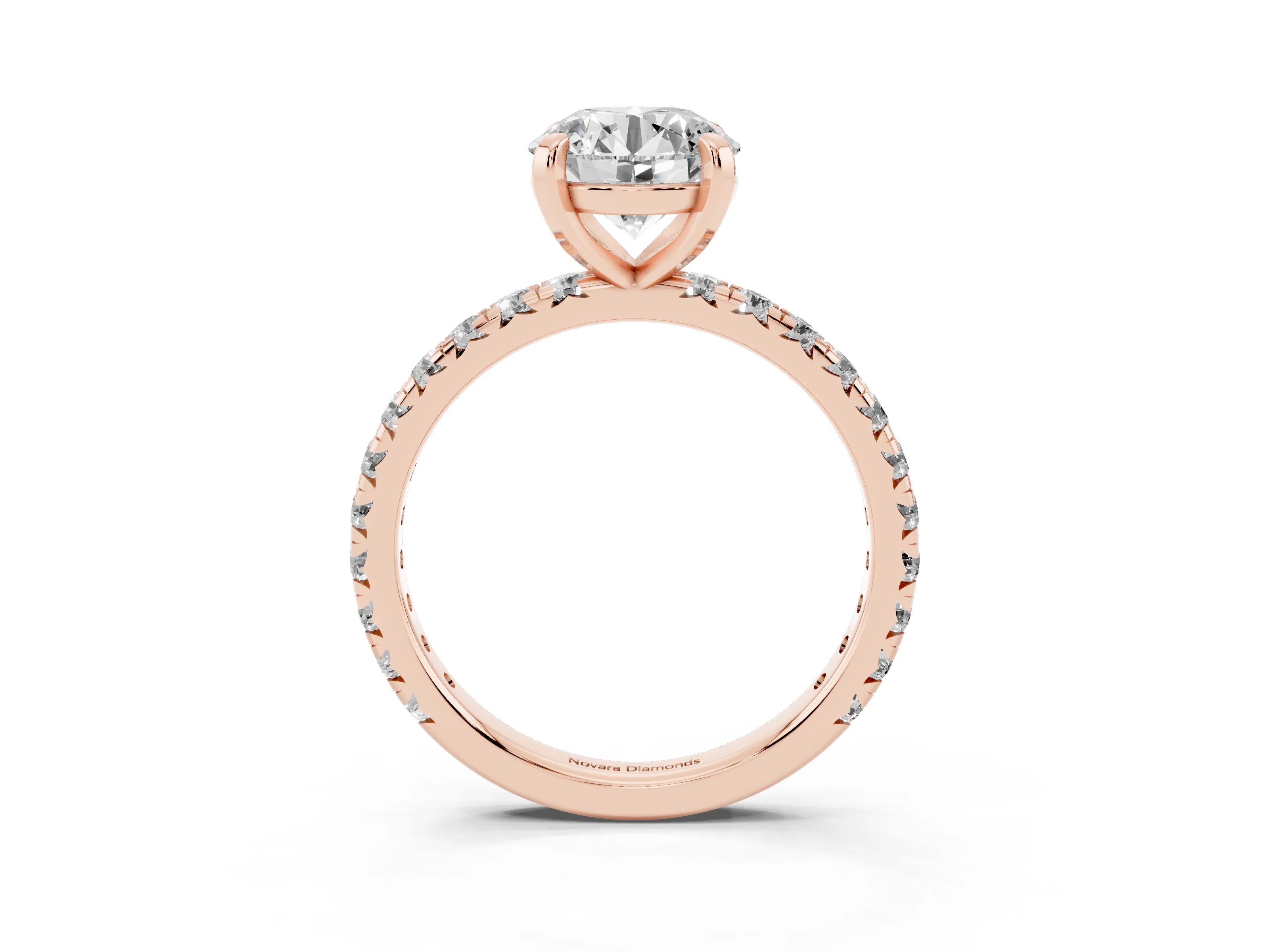 Round Cut Diamond Pavé Solitaire Ring Set in Rose gold with Round Band and Prong Setting