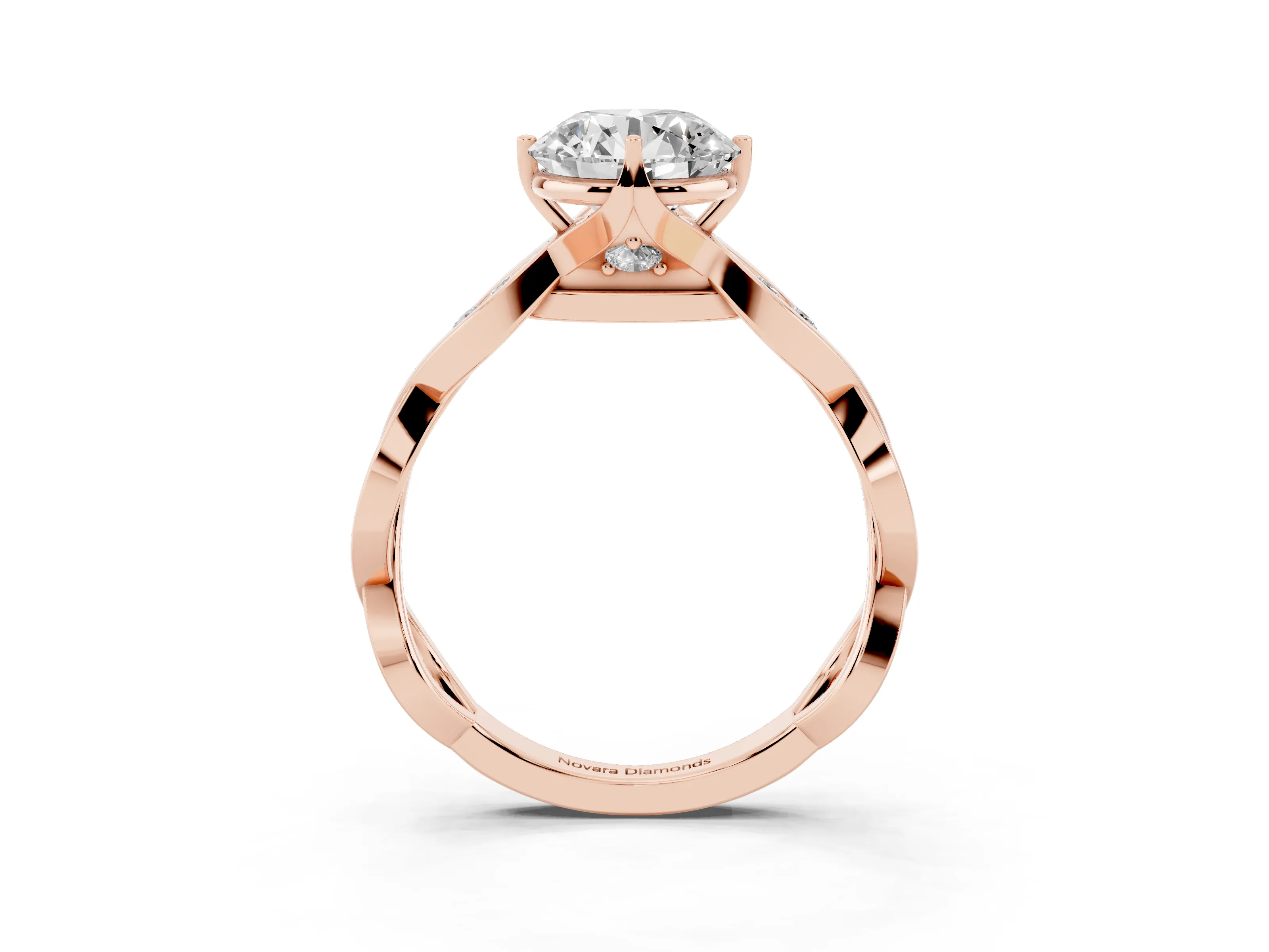 Round Cut Diamond Twist Band Solitaire Ring Set in Rose gold with Leaf Prong Setting and Accent Stones
