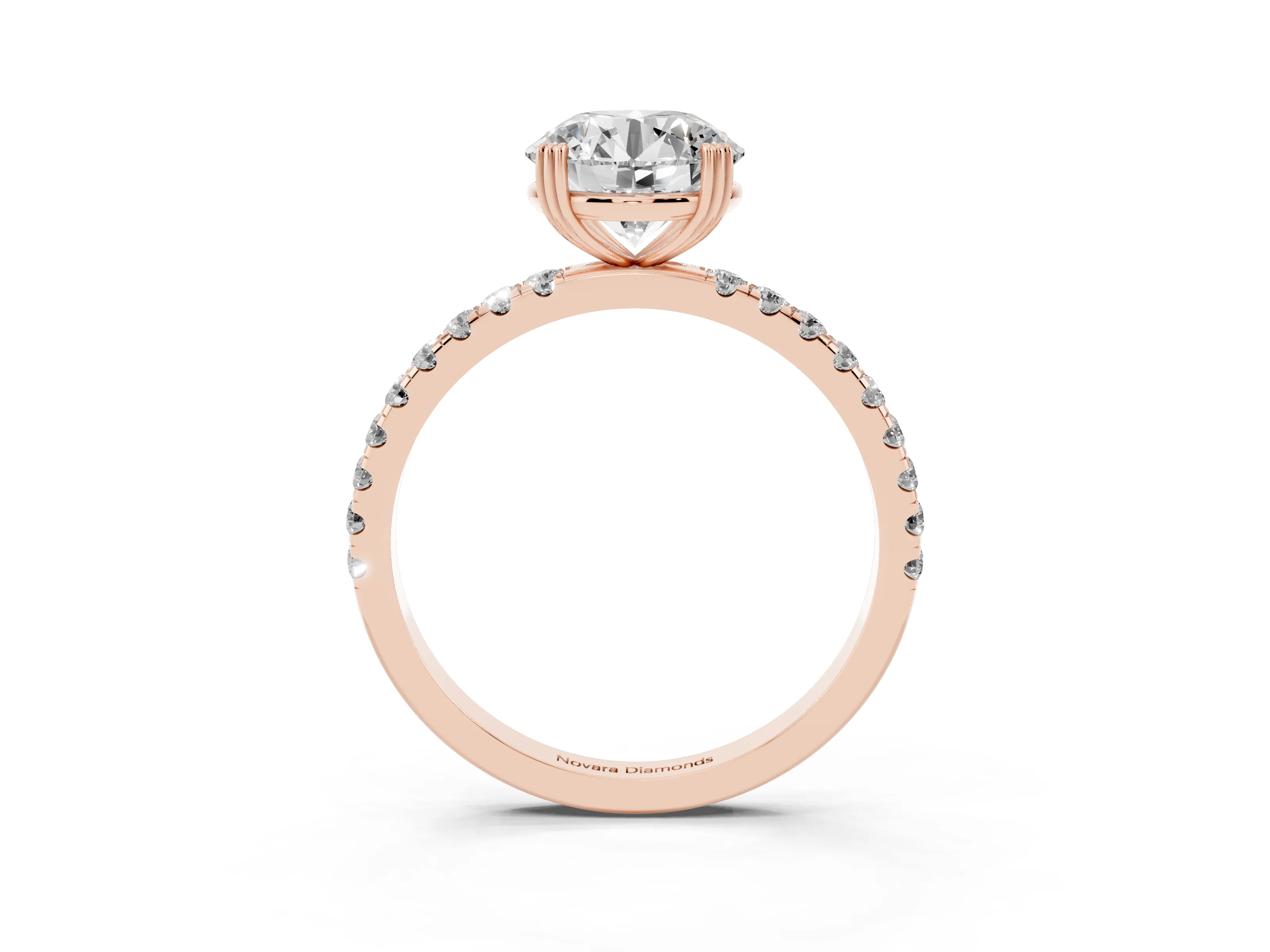 Round Cut Diamond Brilliant Solitaire Set in Rose gold with Pavé Band and Claw Prong Setting
