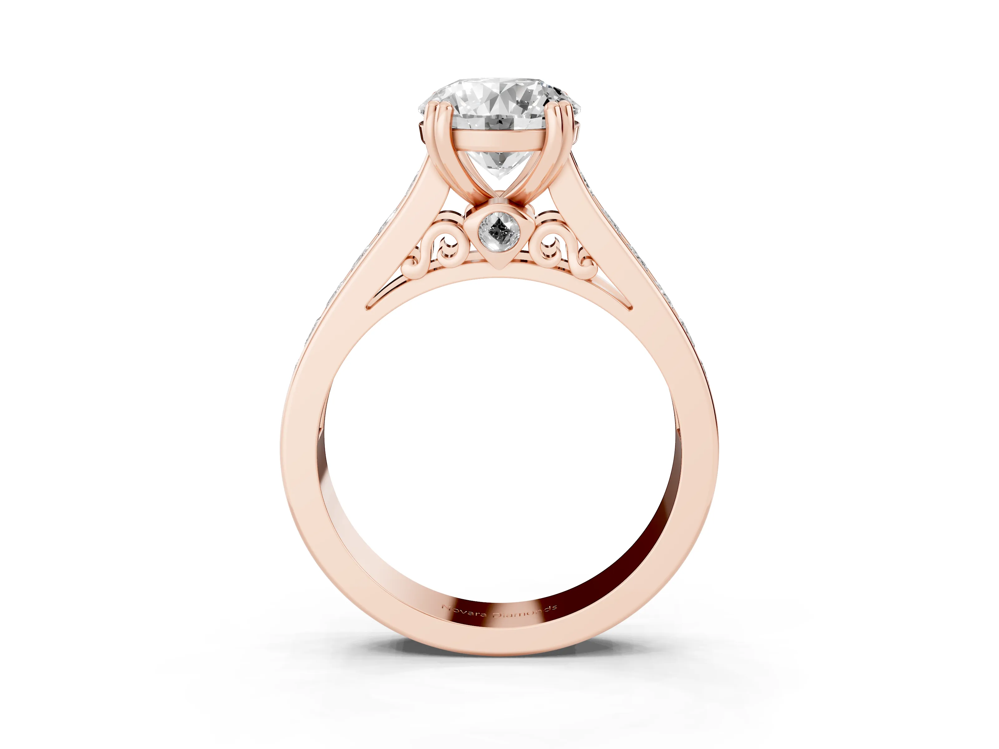 Round Cut Diamond Channel Set Solitaire Engagement Ring Set in Rose gold with Prong Setting