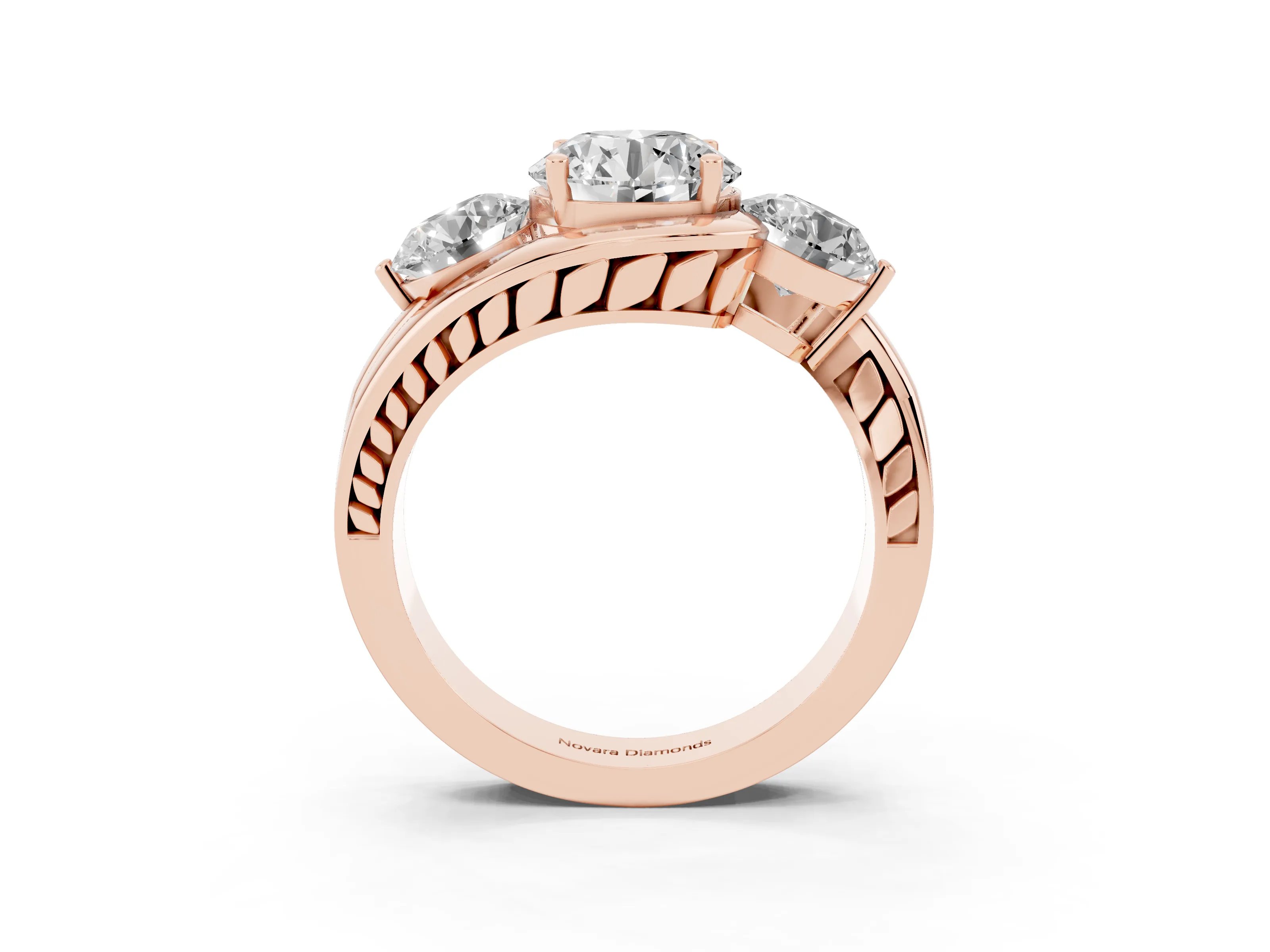 Round Cut Diamond Three-Stone Ring Set in Rose gold with Plain Split Shank