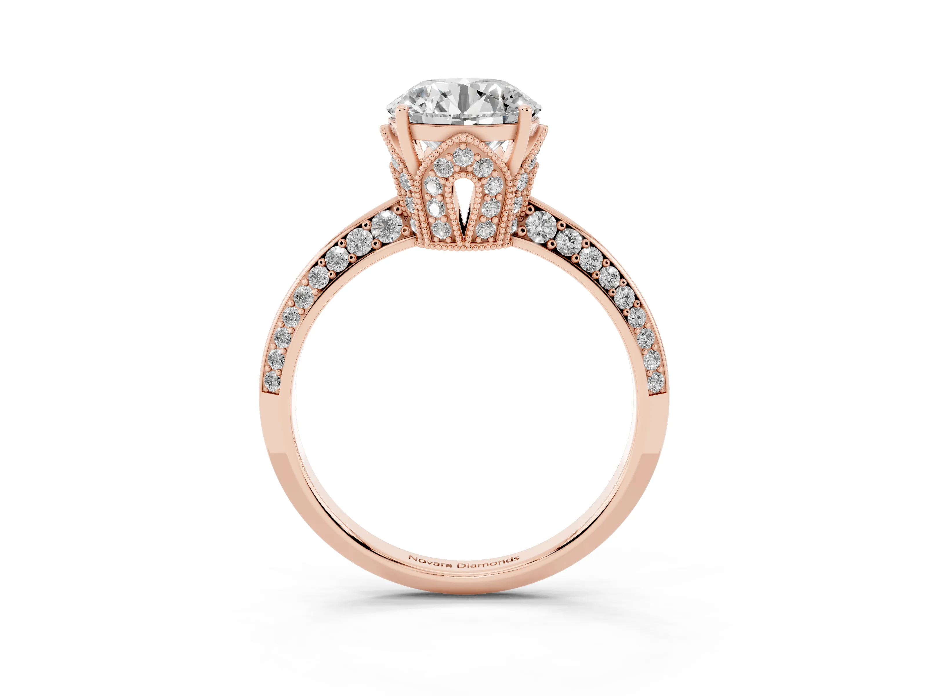 Round Cut Diamond Solitaire Engagement Ring Set in Rose gold with Pavé Split Shank and Prong Setting