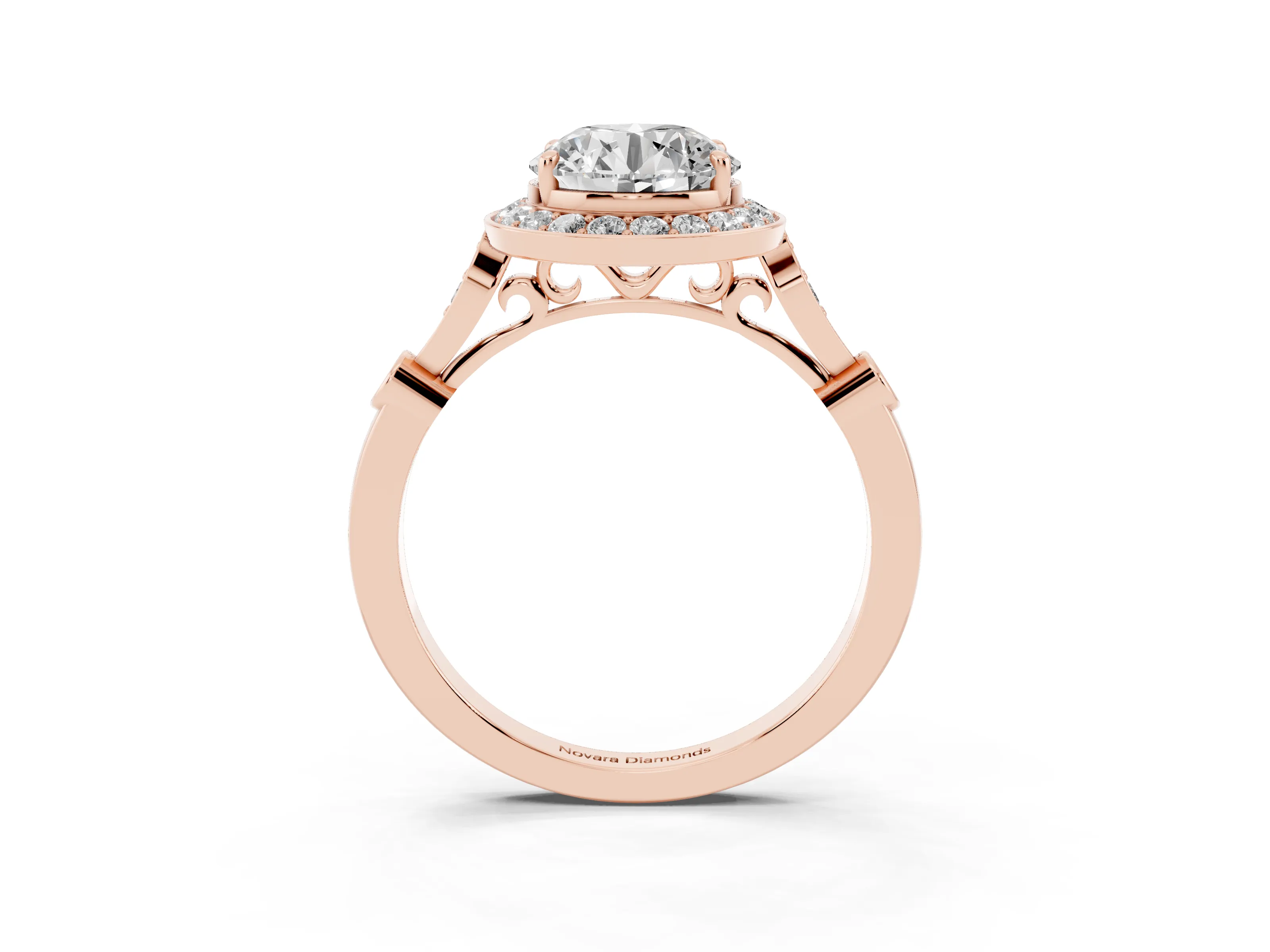 Round Cut Diamond Halo Engagement Ring Set in Rose gold with Twisted Band and Prong Setting