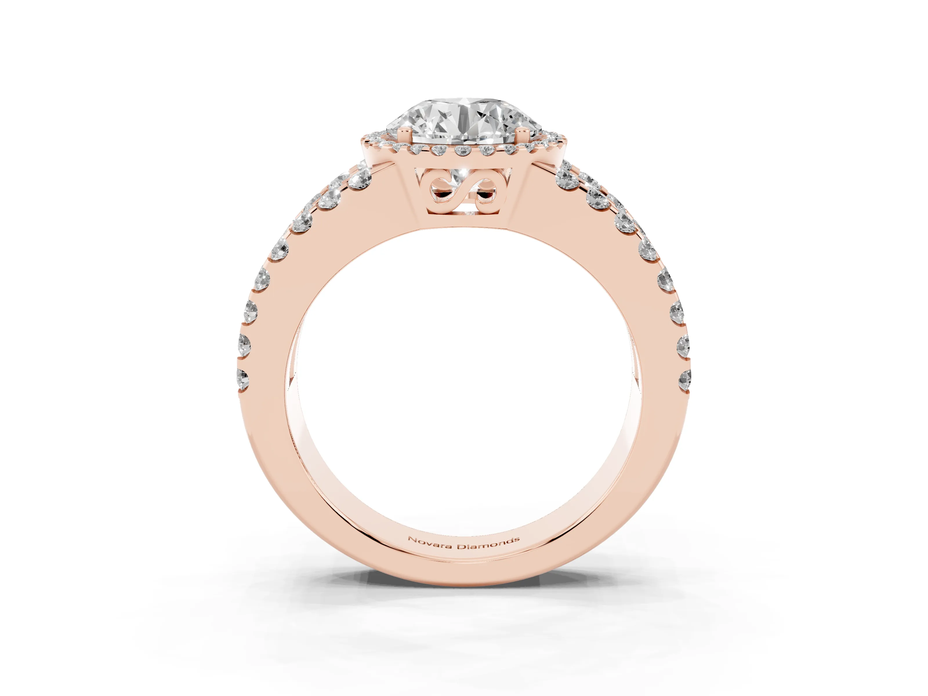 Round Cut Diamond Halo Ring Set in Rose gold with Pavé Split Shank and Prong Setting