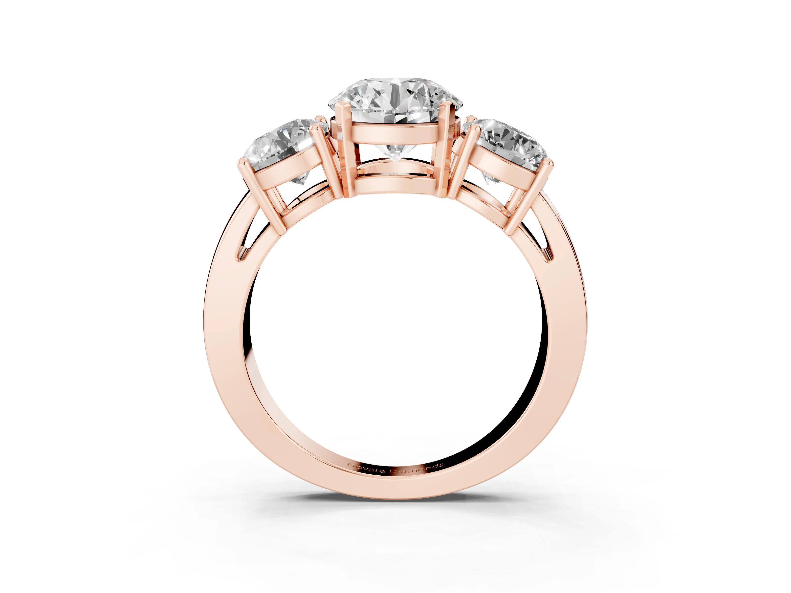 Round Cut Diamond Three-Stone Ring Set in Rose gold with Round Side Stones and Classic Band