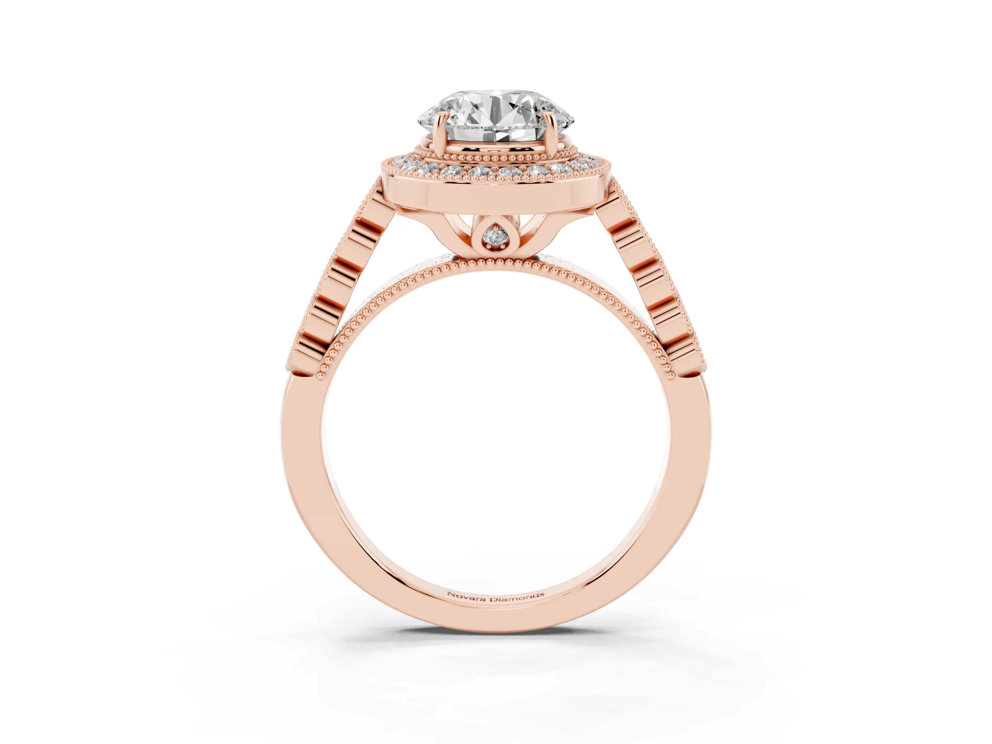 Round Cut Diamond Milgrain Halo Solitaire Ring Set in Rose gold with Bezel Set Side Stones and Pavé Band