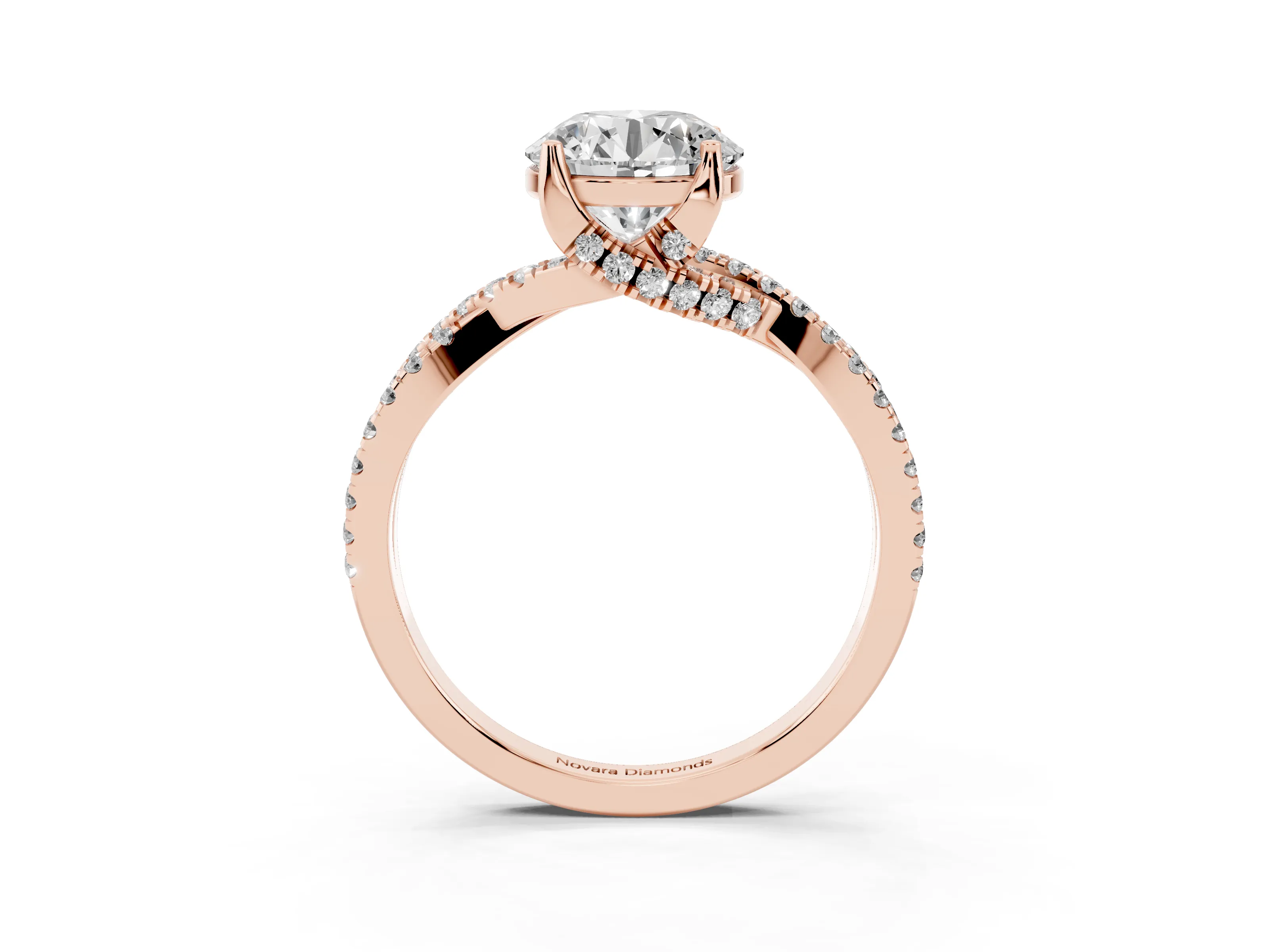 Round Cut Diamond Twist Pavé Solitaire Engagement Ring Set in Rose gold with Prong Setting