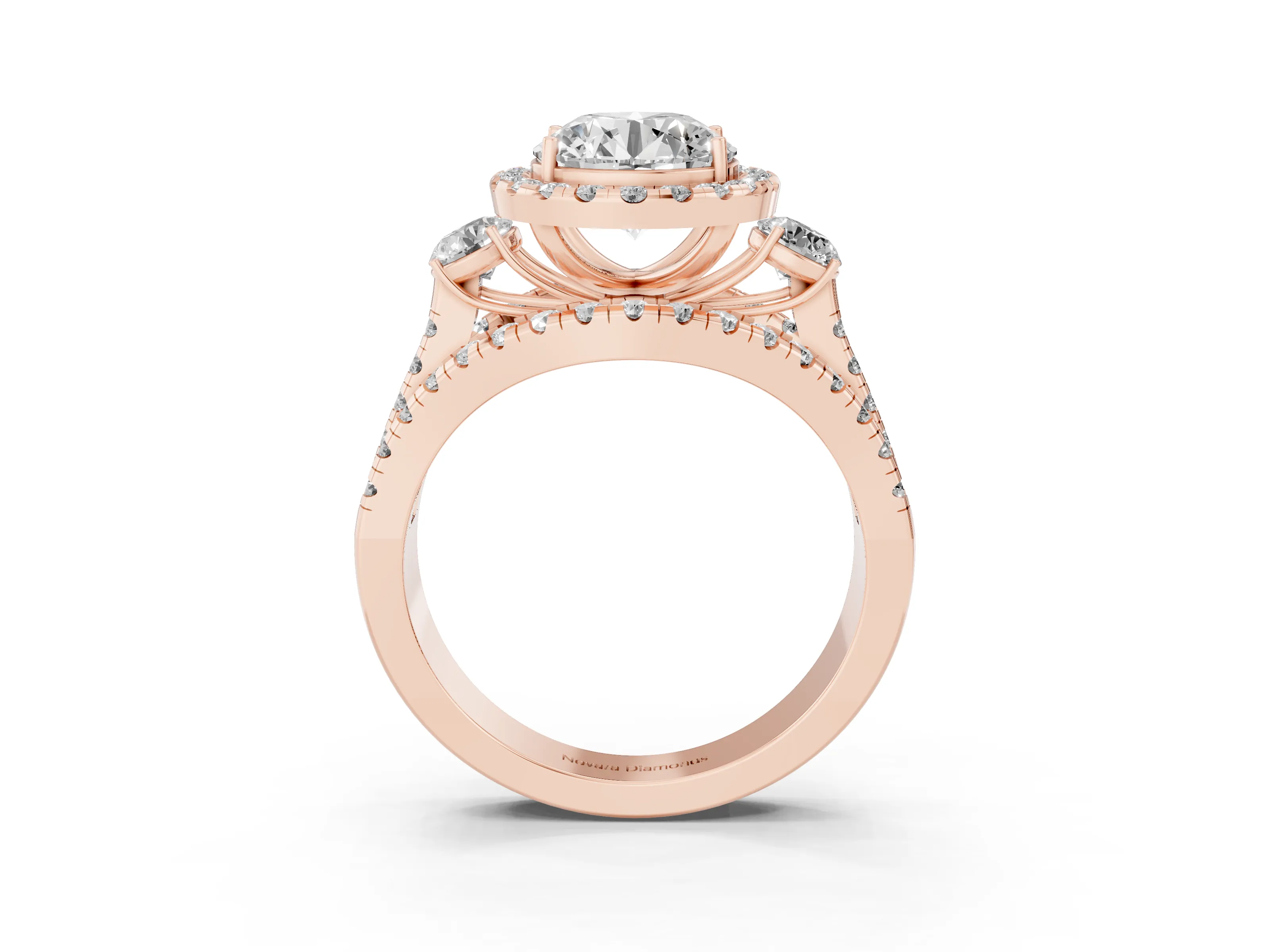 Round Cut Diamond Halo Split Shank Ring Set in Rose gold with Round Accent Stones and Prong Setting