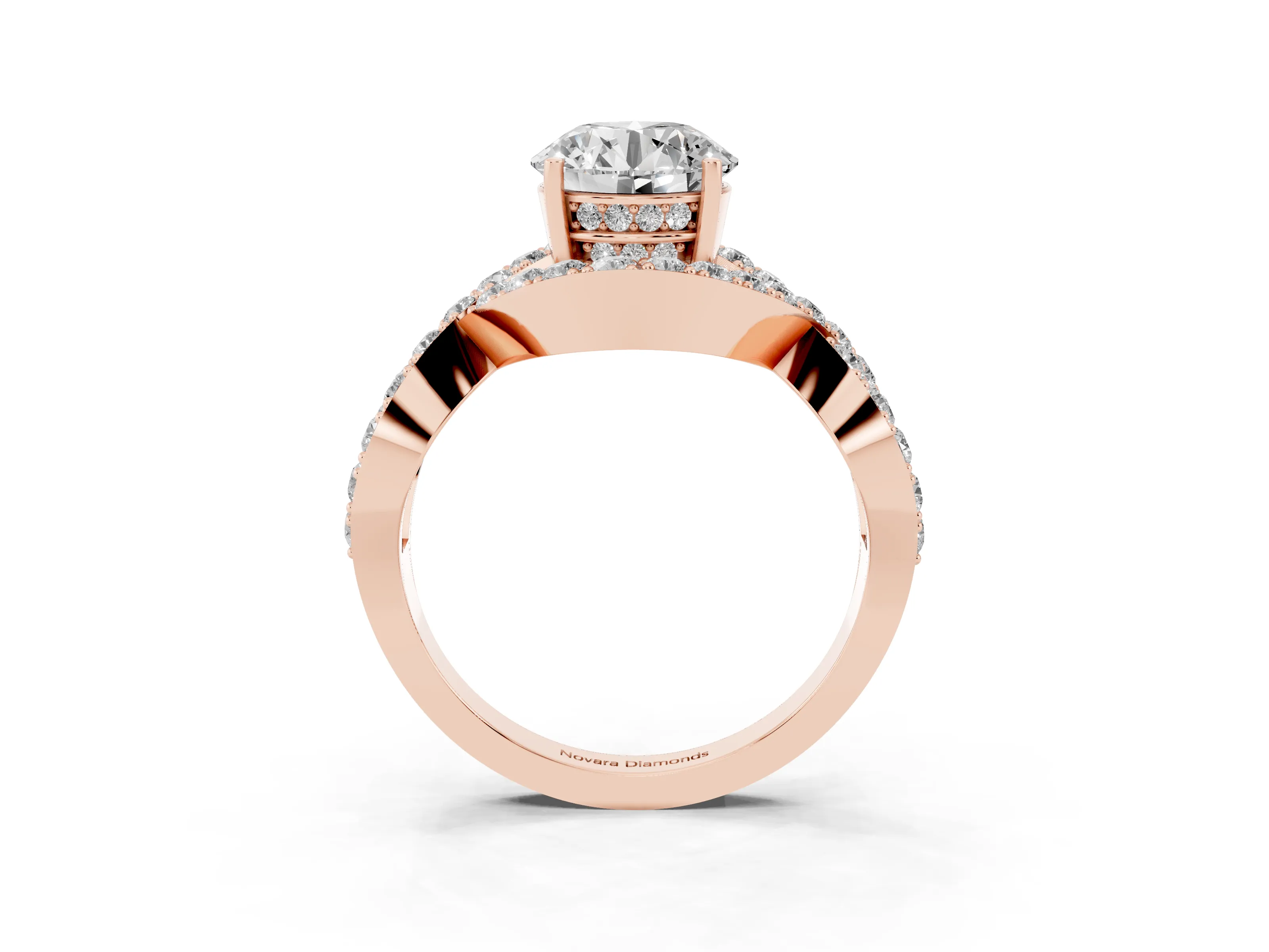 Round Cut Diamond Solitaire Twist Band Pavé Engagement Ring Set in Rose gold