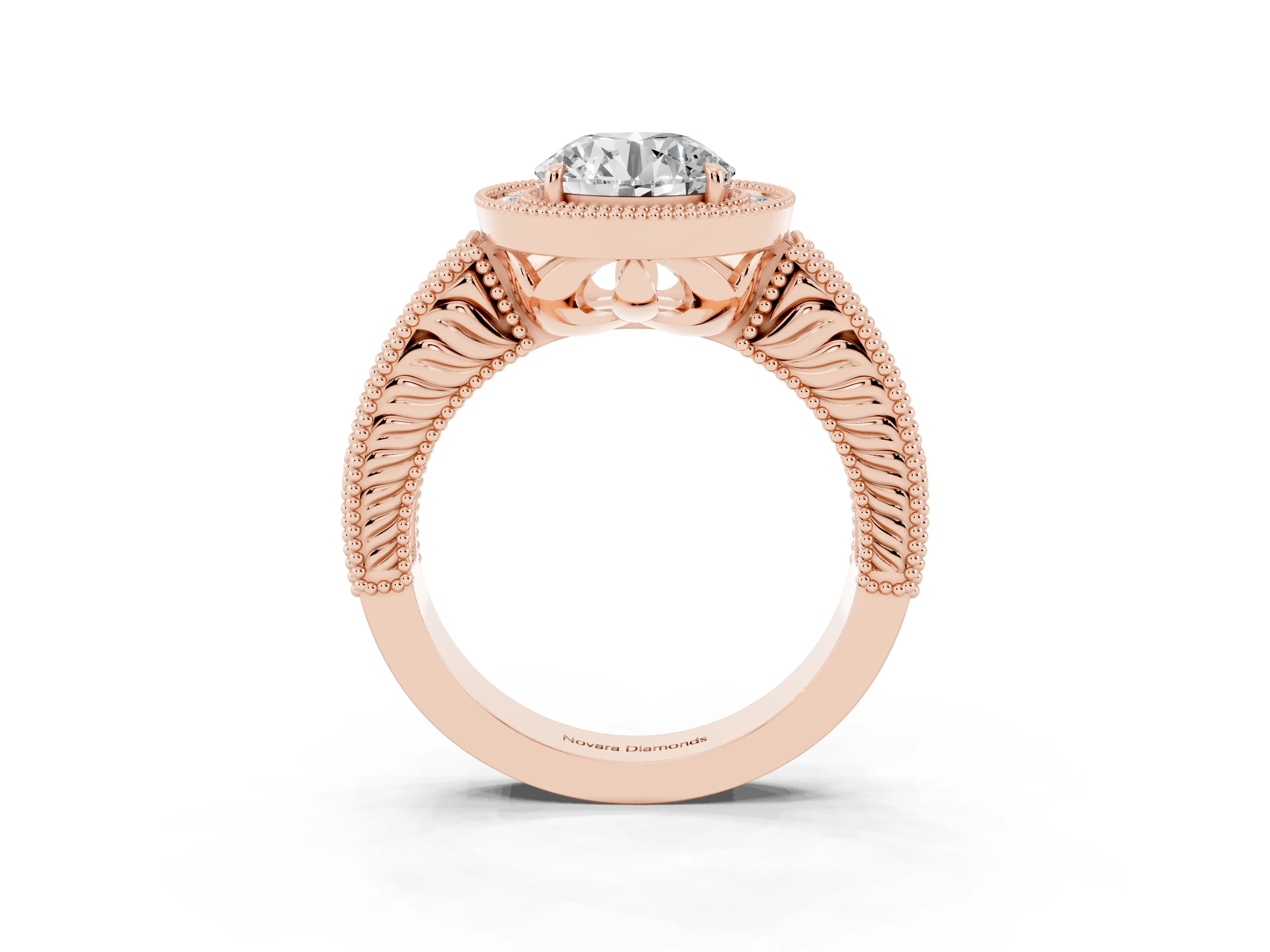 Round Cut Diamond Halo Ring Set in Rose gold with Round Accent Halo, Pavé Band and Prong Setting