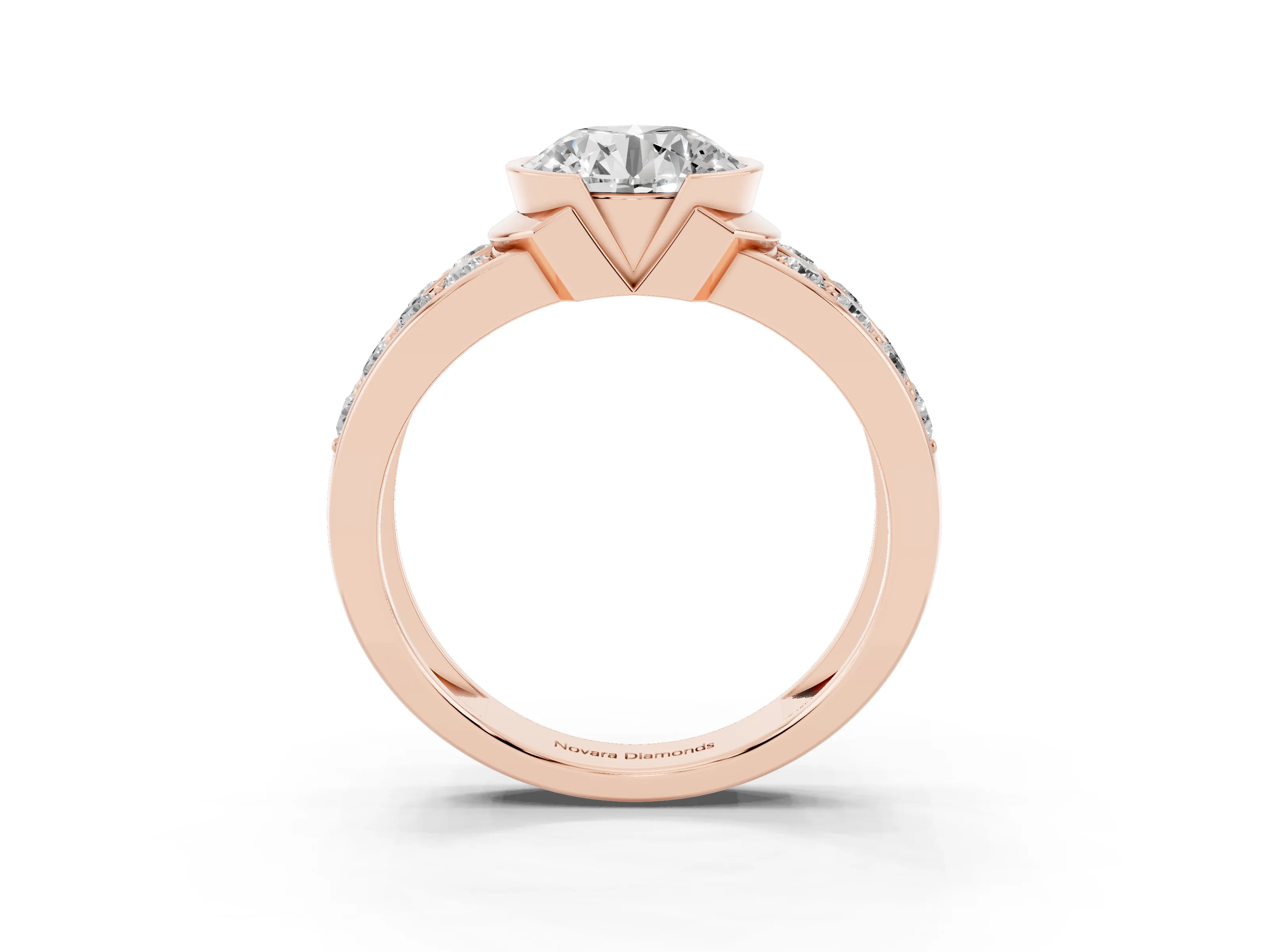 Round Cut Diamond Wide Channel Set Band Ring Set in Rose gold with Bezel Setting