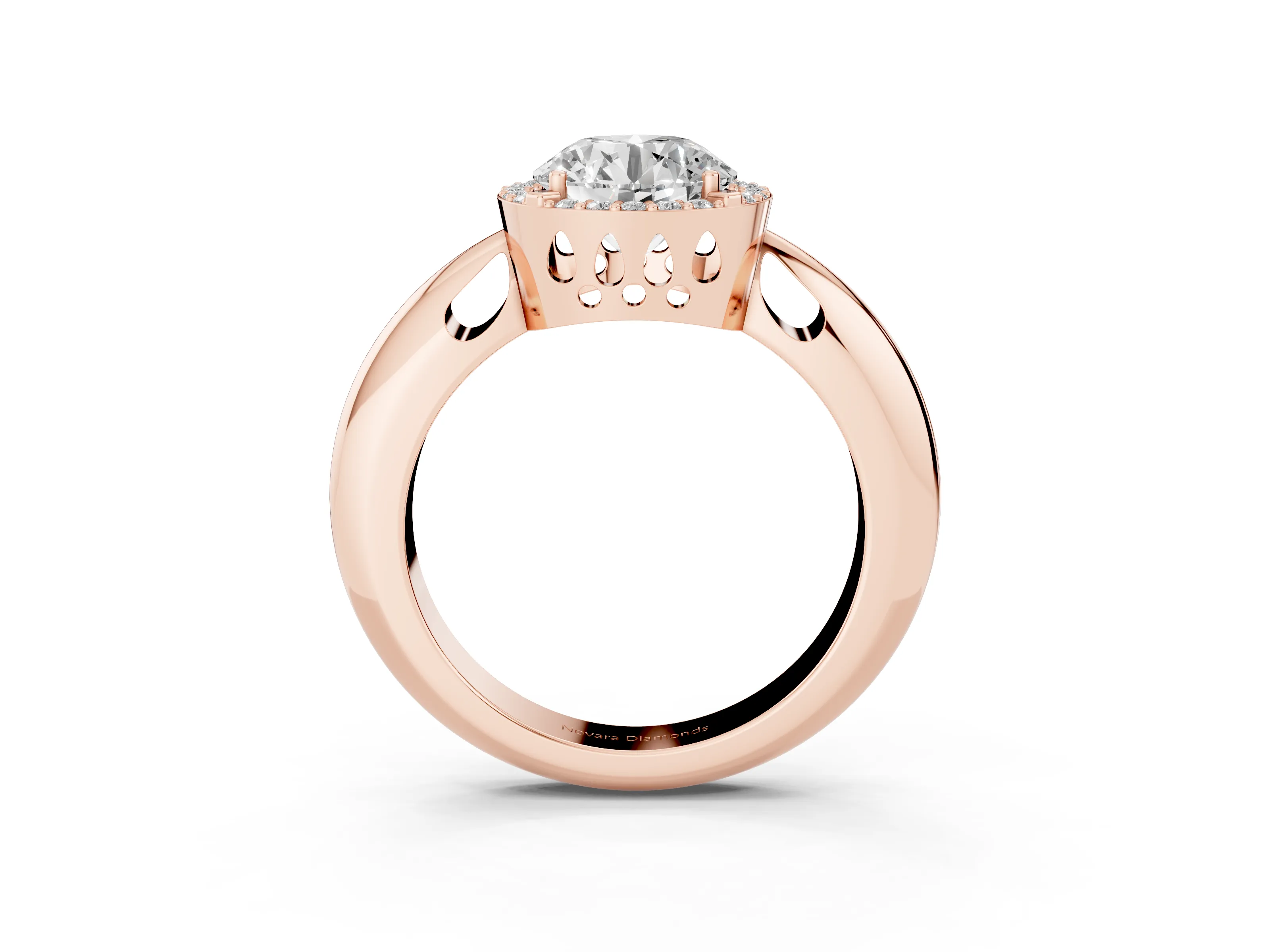 Round Cut Diamond Halo Engagement Ring Set in Rose gold with Plain Split Shank and Prong Setting
