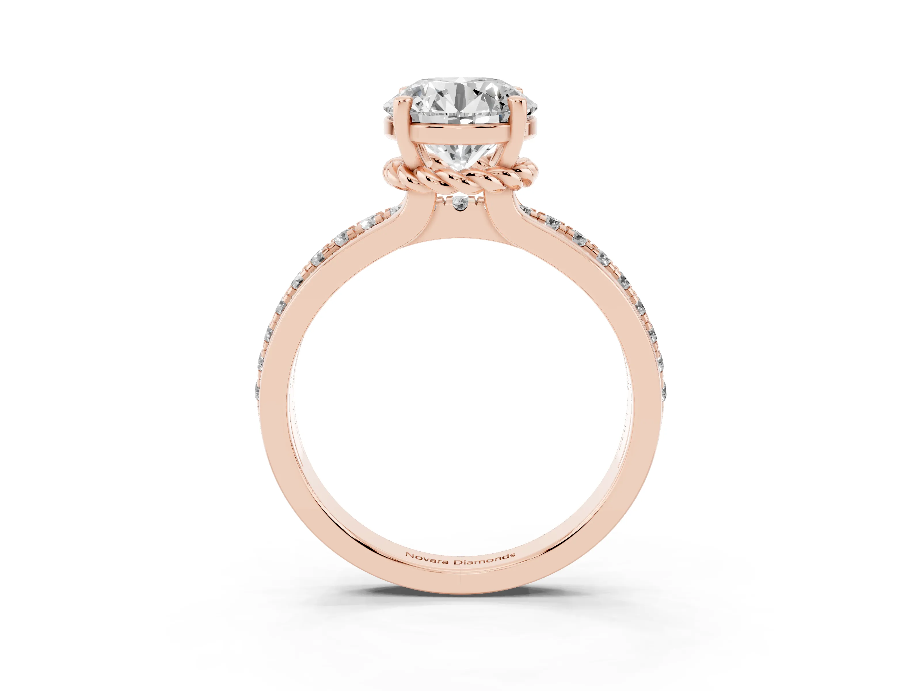 Round Cut Diamond Solitaire Ring Set in Rose gold with Channel Set Band and Prong Setting