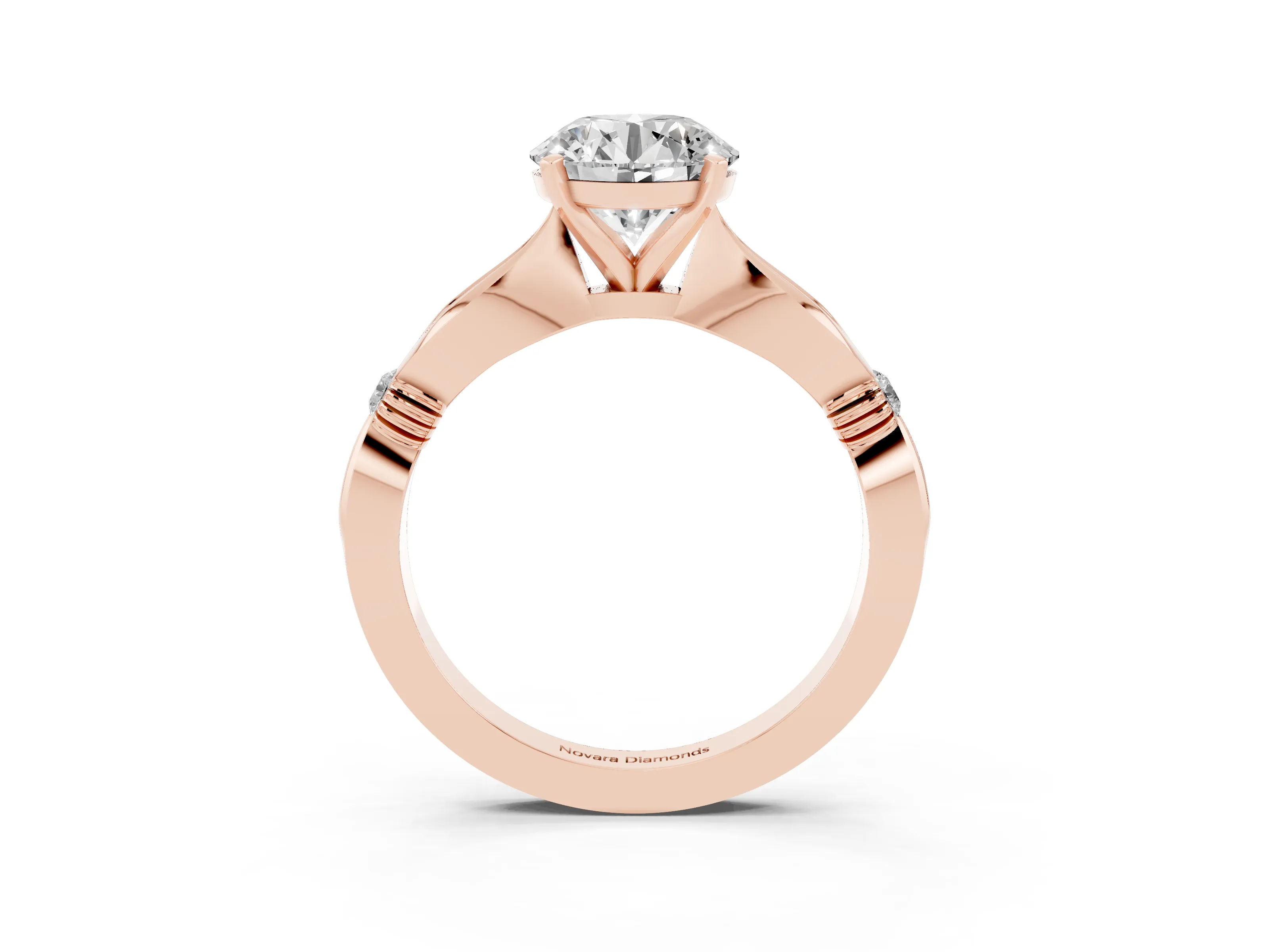 Round Cut Diamond Solitaire Twisted Band Ring Set in Rose gold with Accent Stones and Prong Setting