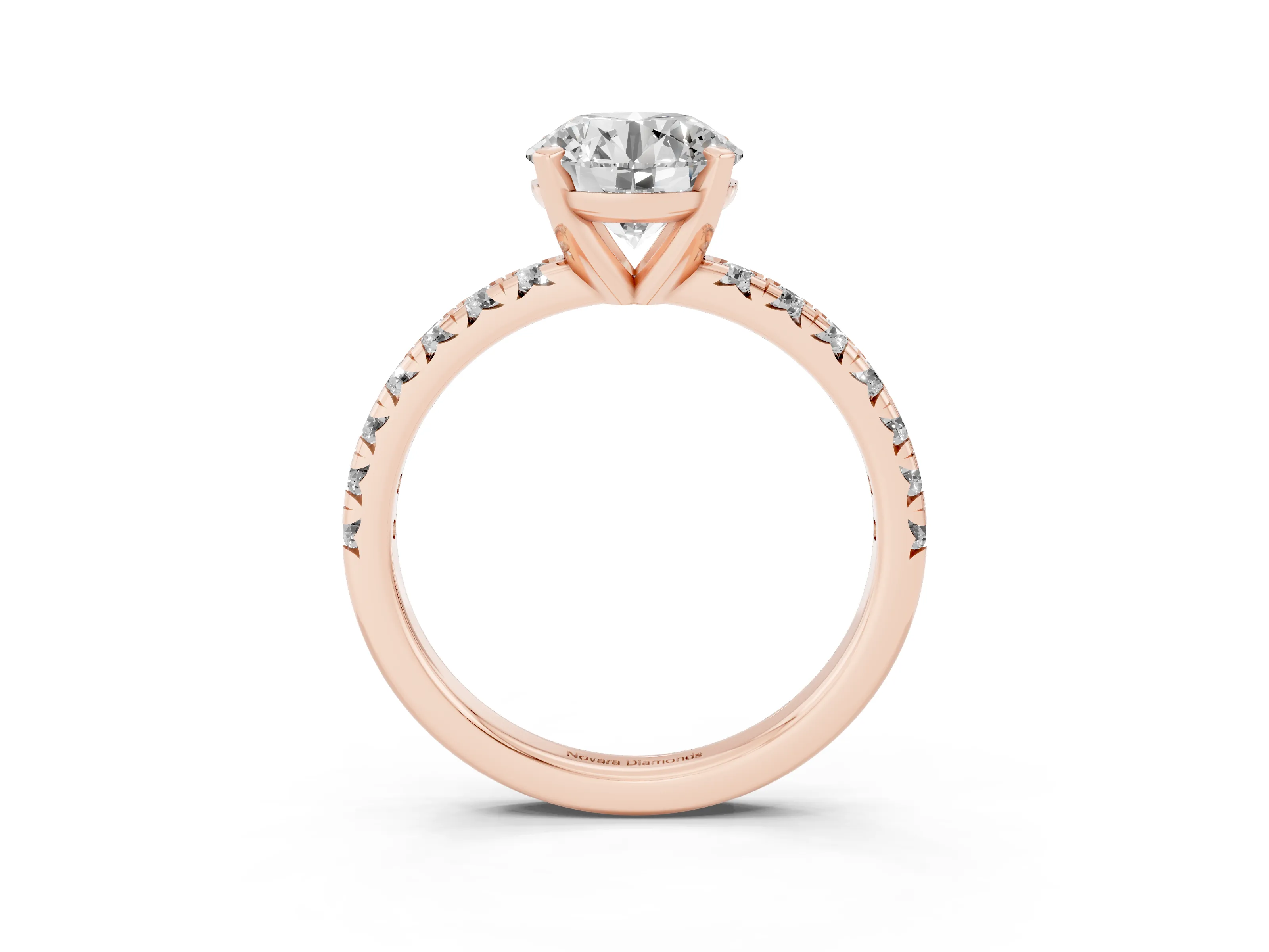 Round Cut Diamond Solitaire Pavé Engagement Ring Set in Rose gold with Round Band and Prong Setting