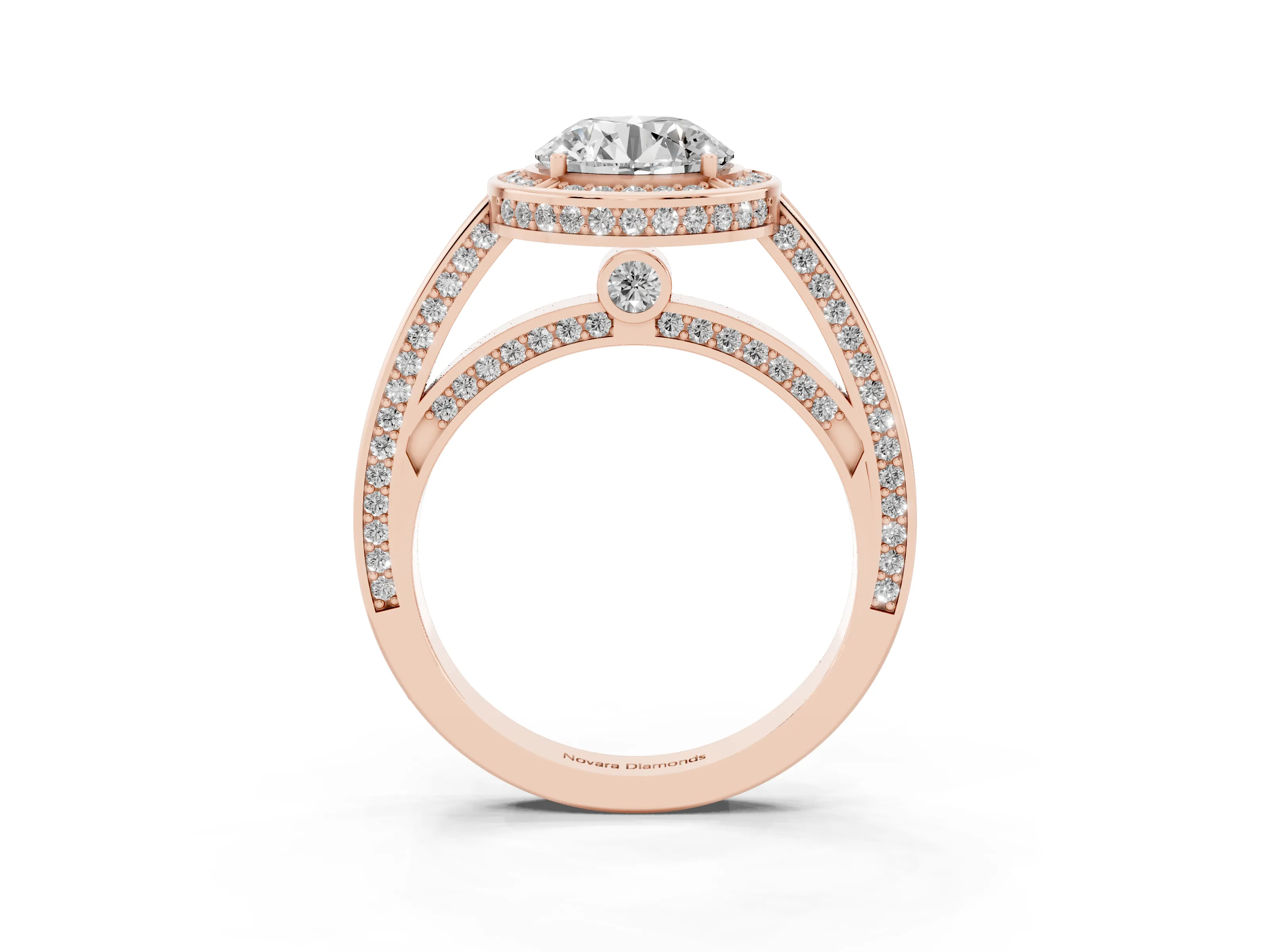 Round Cut Diamond Halo Pavé Split Shank Ring Set in Rose gold with Prong Setting
