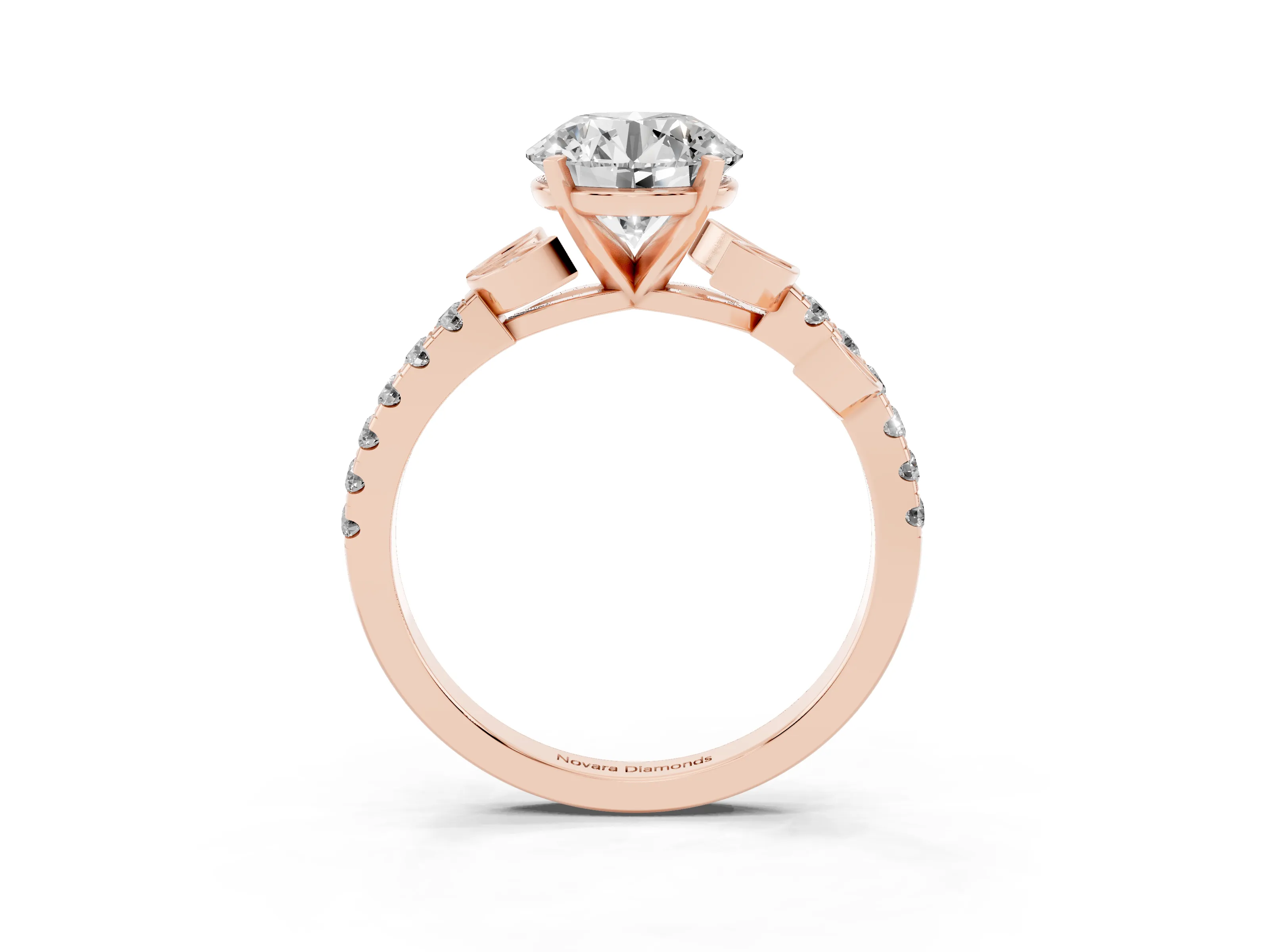 Round Cut Diamond Solitaire Leaf-Inspired Ring Set in Rose gold with Pavé Band and Prong Setting