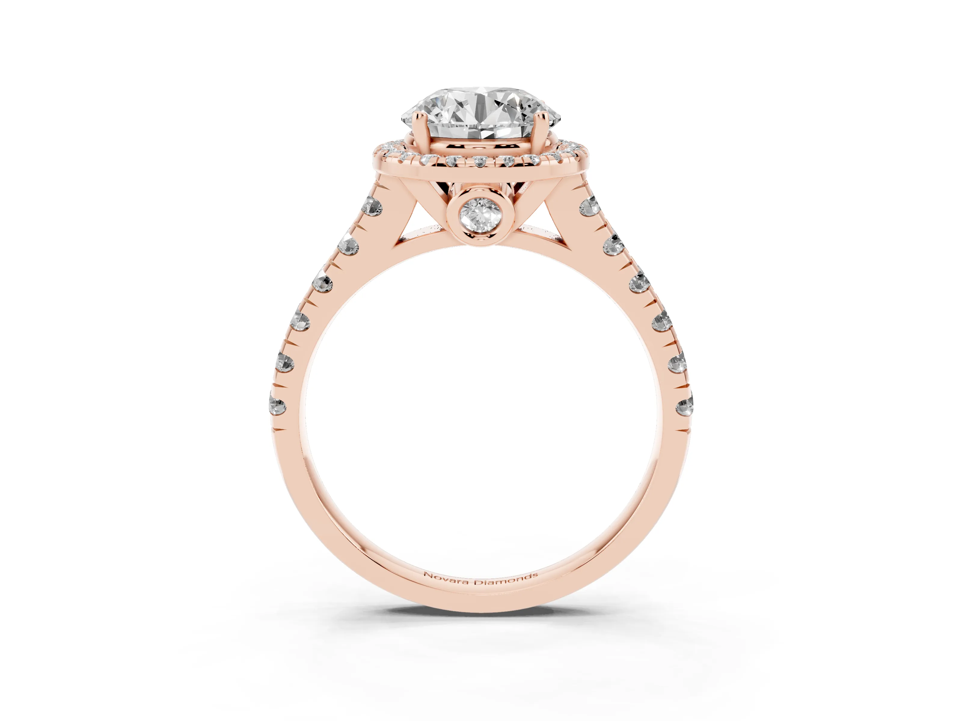 Round Cut Diamond Halo Engagement Ring Set in Rose gold with Pavé Band and Prong-Set Center