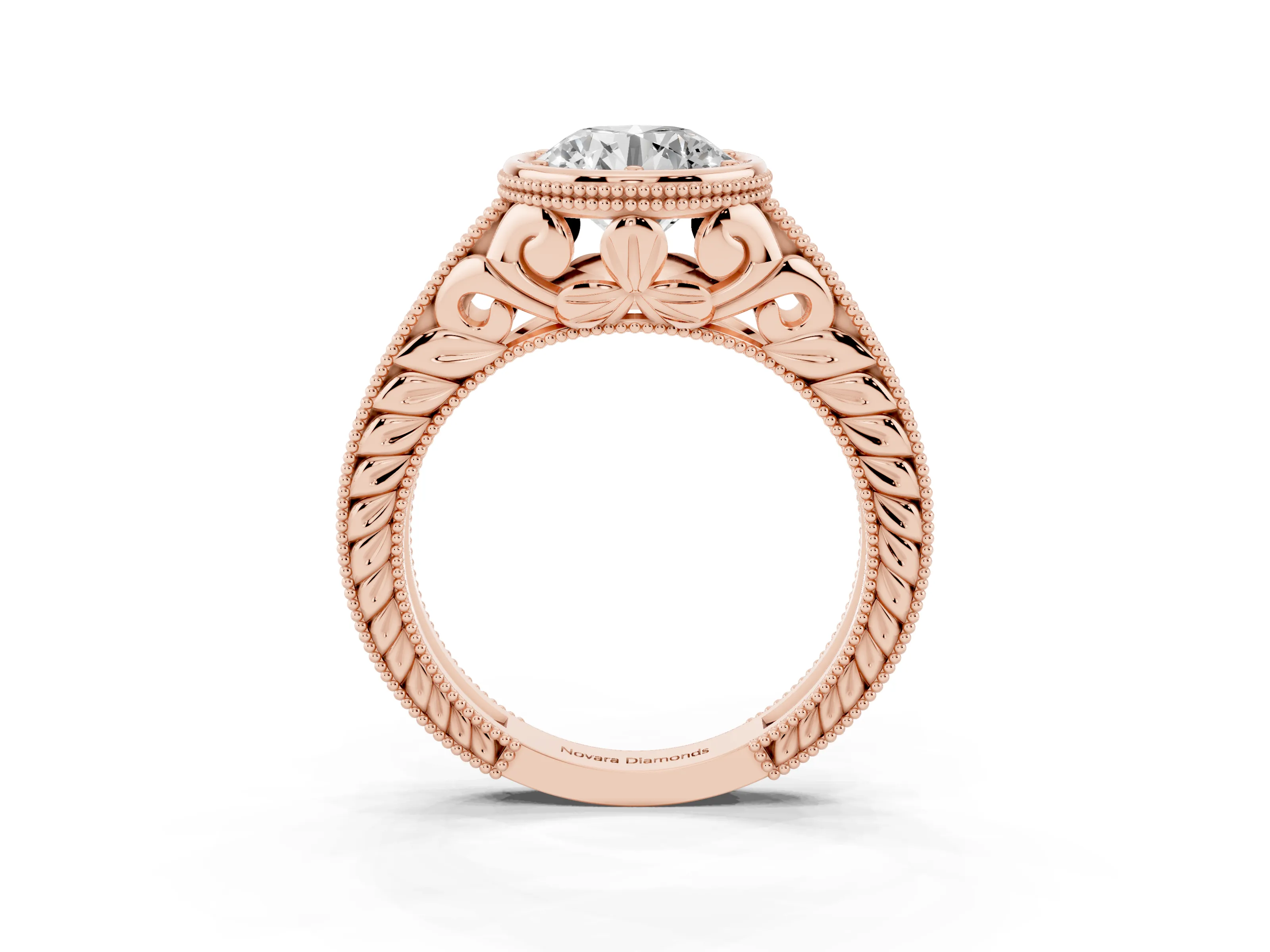 Bezel Set Round Cut Diamond Milgrain Pavé Engagement Ring Set in Rose gold