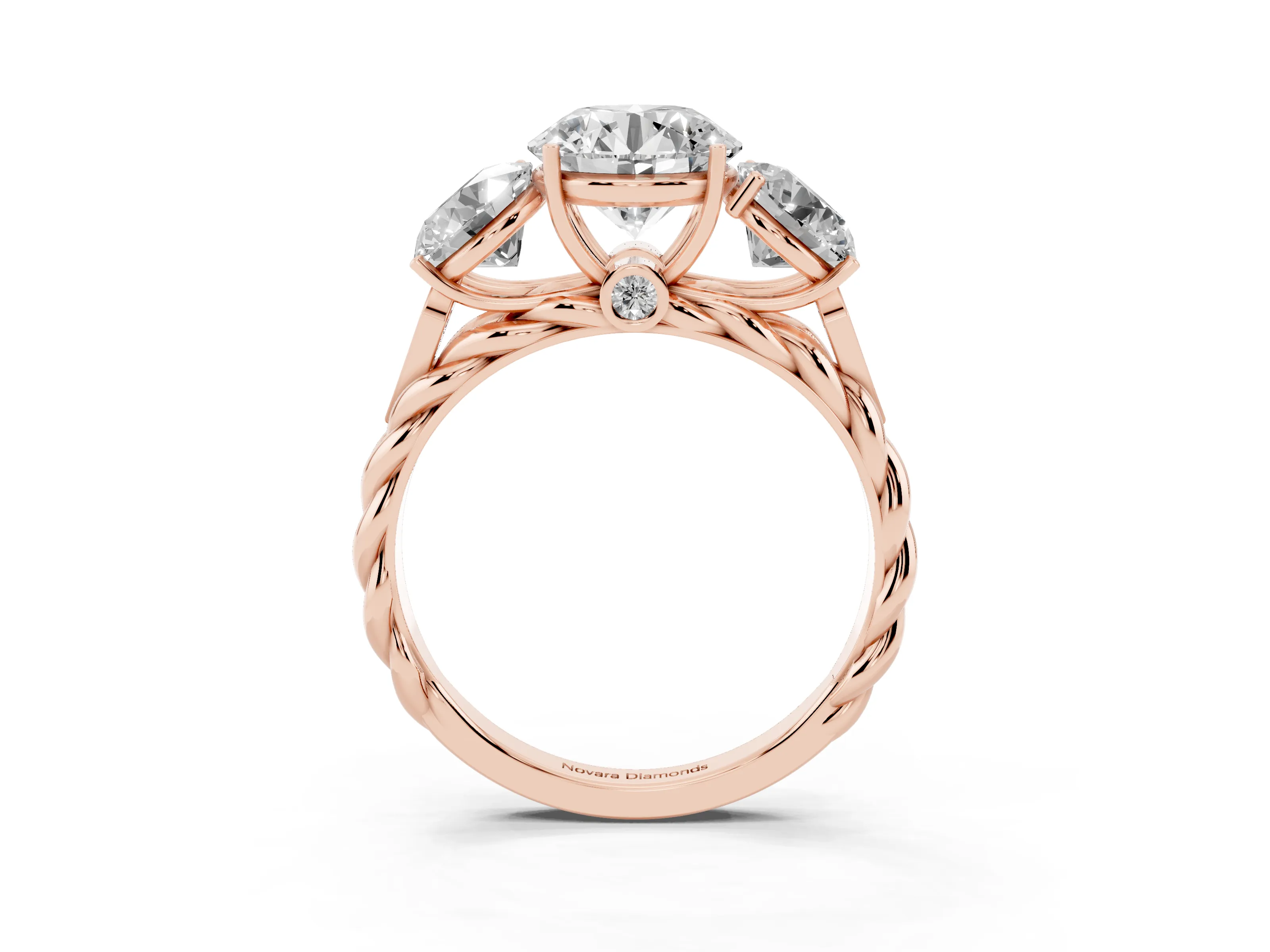 Round Cut Diamond Three-Stone Ring Set in Rose gold with Braided Band