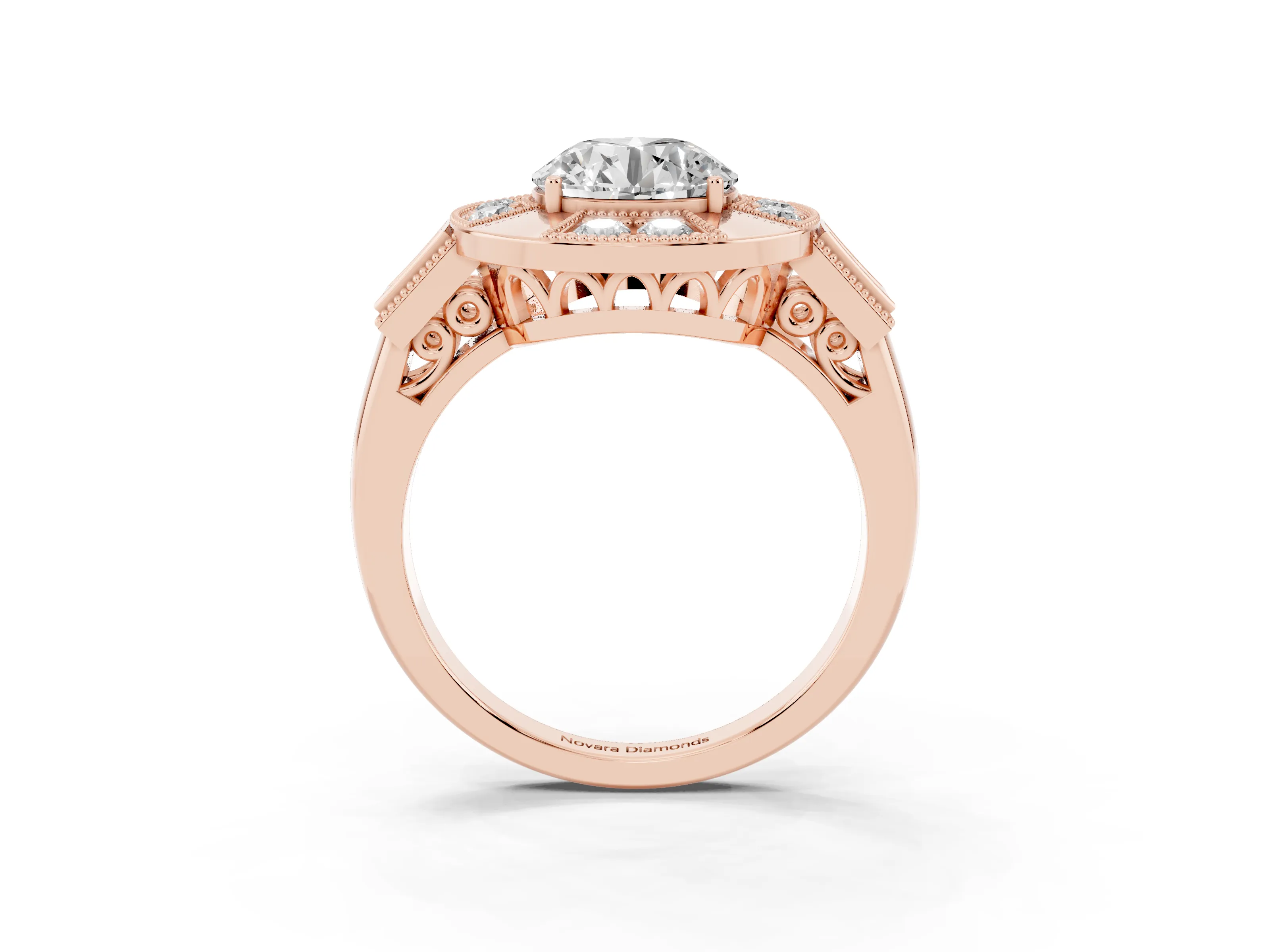 Round Cut Diamond Milgrain Halo Ring Set in Rose gold with Split Shank