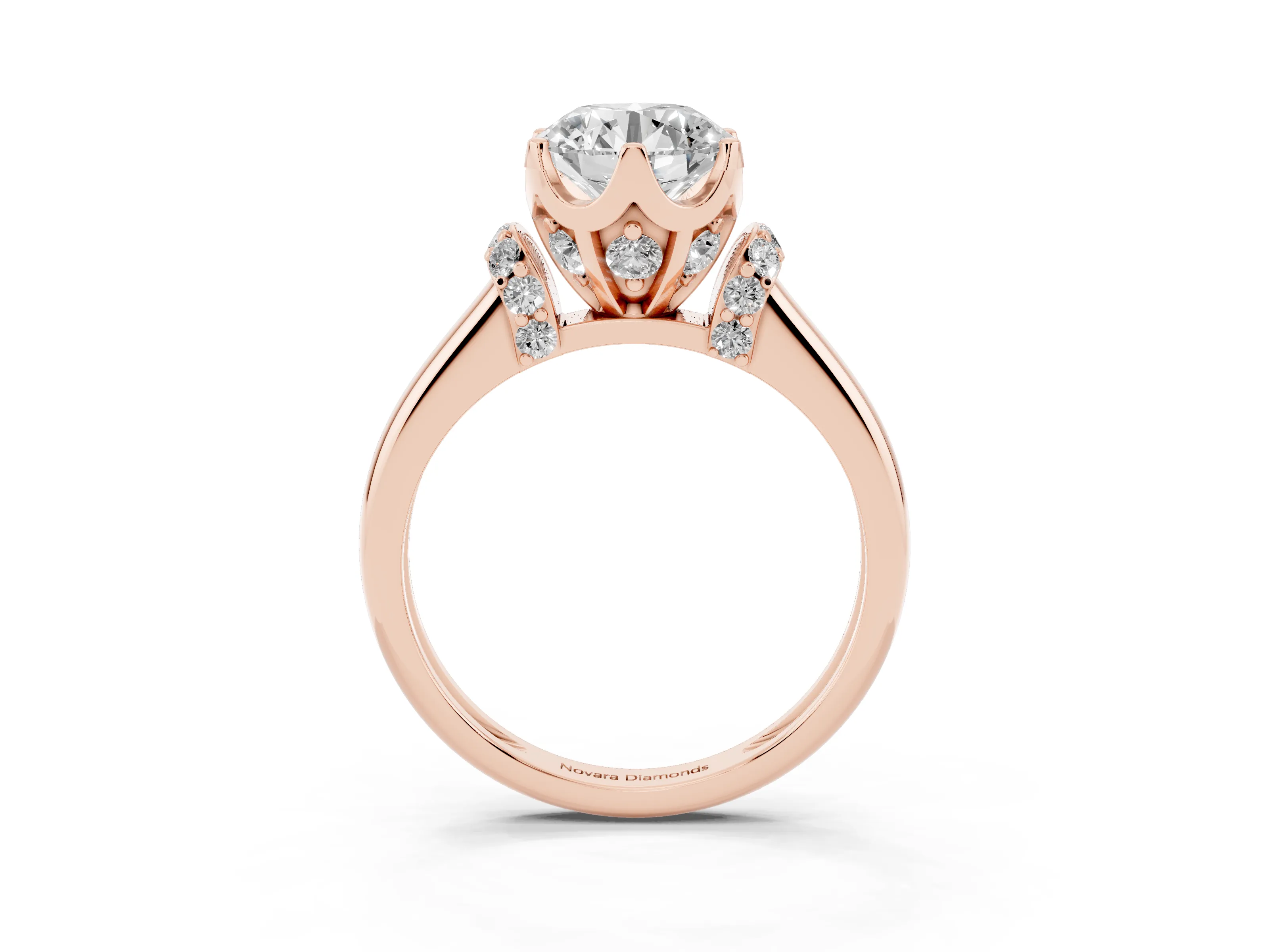 Round Cut Diamond Cathedral Solitaire Engagement Ring Set in Rose gold with Pavé Accents