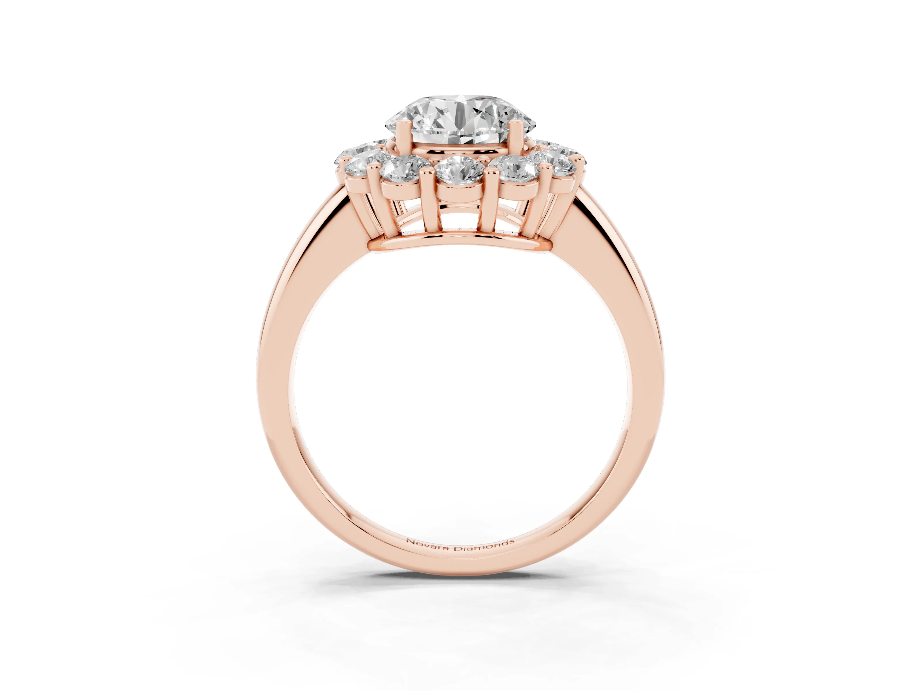 Round Cut Diamond Halo Cluster Engagement Ring Set in Rose gold with Polished Band and Prong Setting