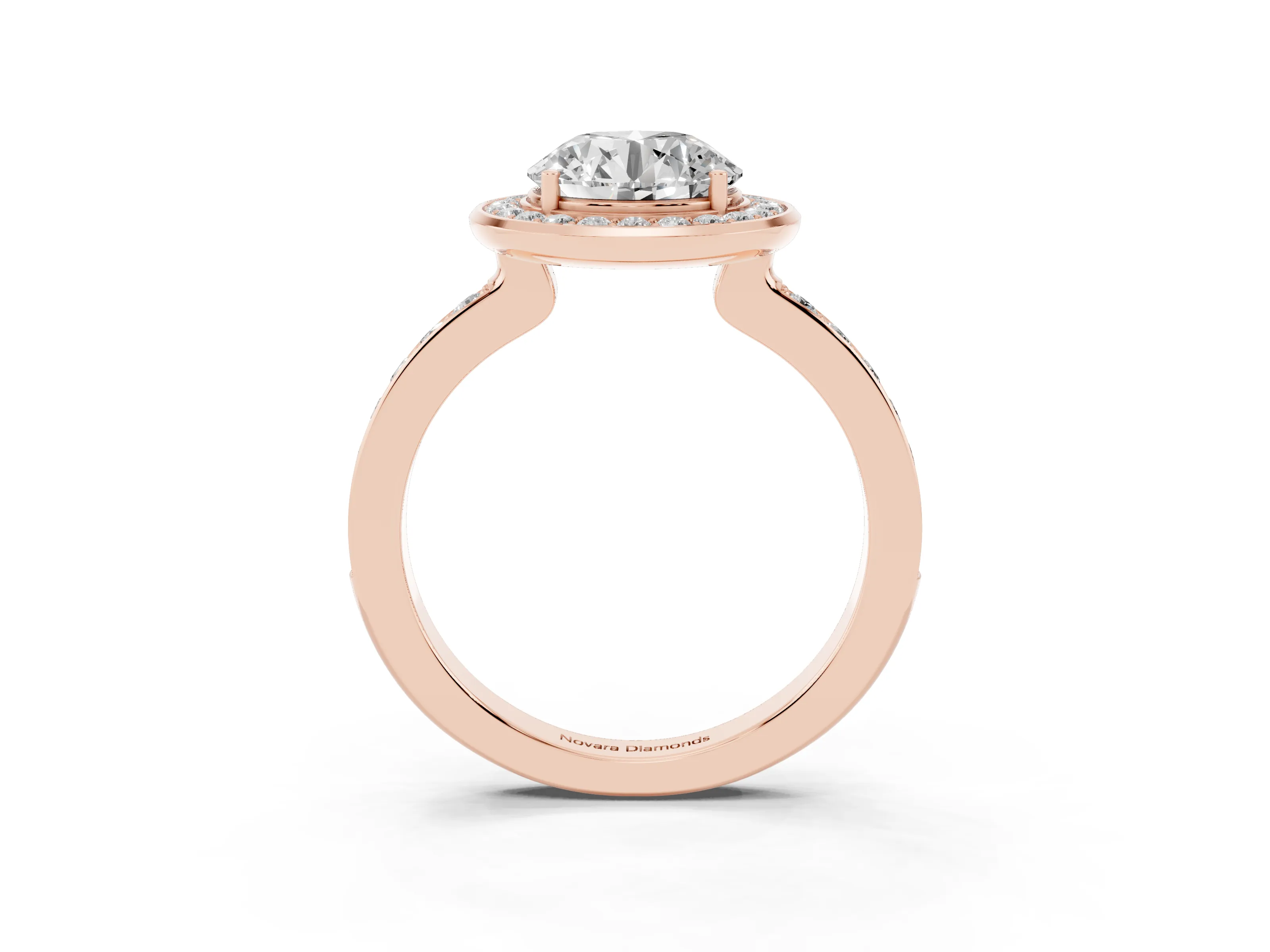 Round Cut Diamond Halo Ring Set in Rose gold with Bezel Frame and Pavé Band