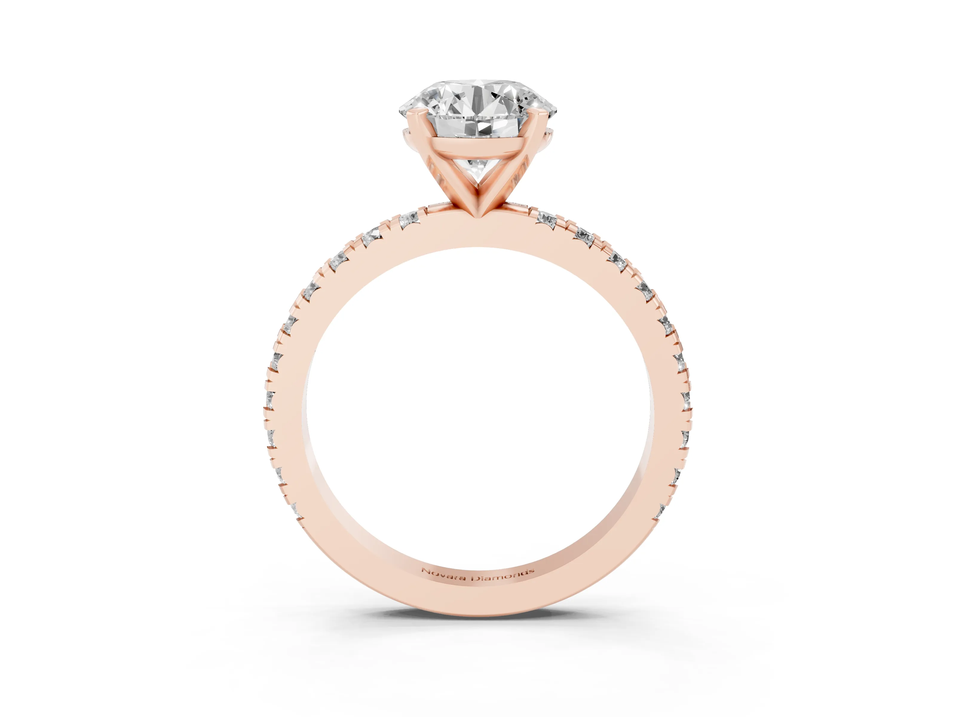 Round Cut Diamond Pavé Band Solitaire Set in Rose gold with Prong Setting