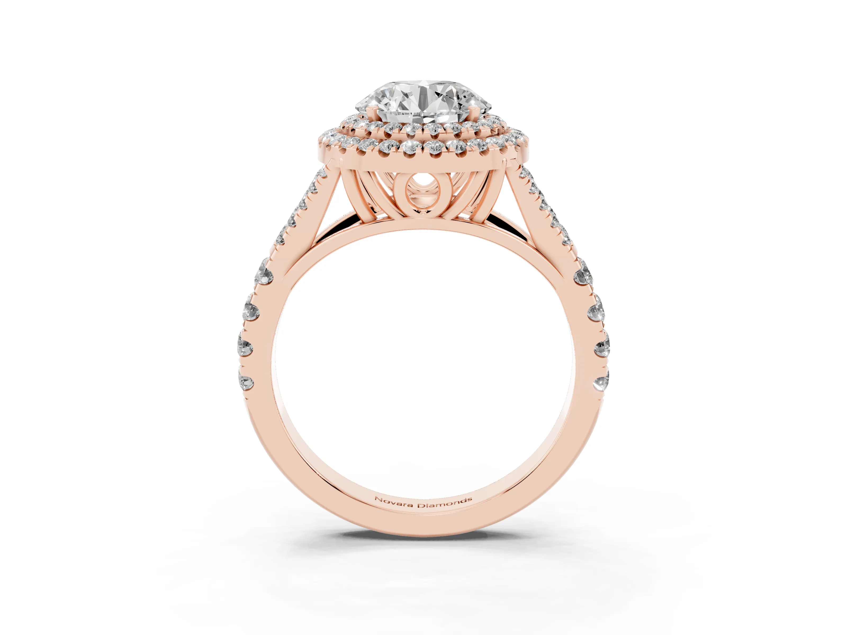 Round Cut Diamond Pavé Split Shank Double Halo Engagement Ring Set in Rose gold