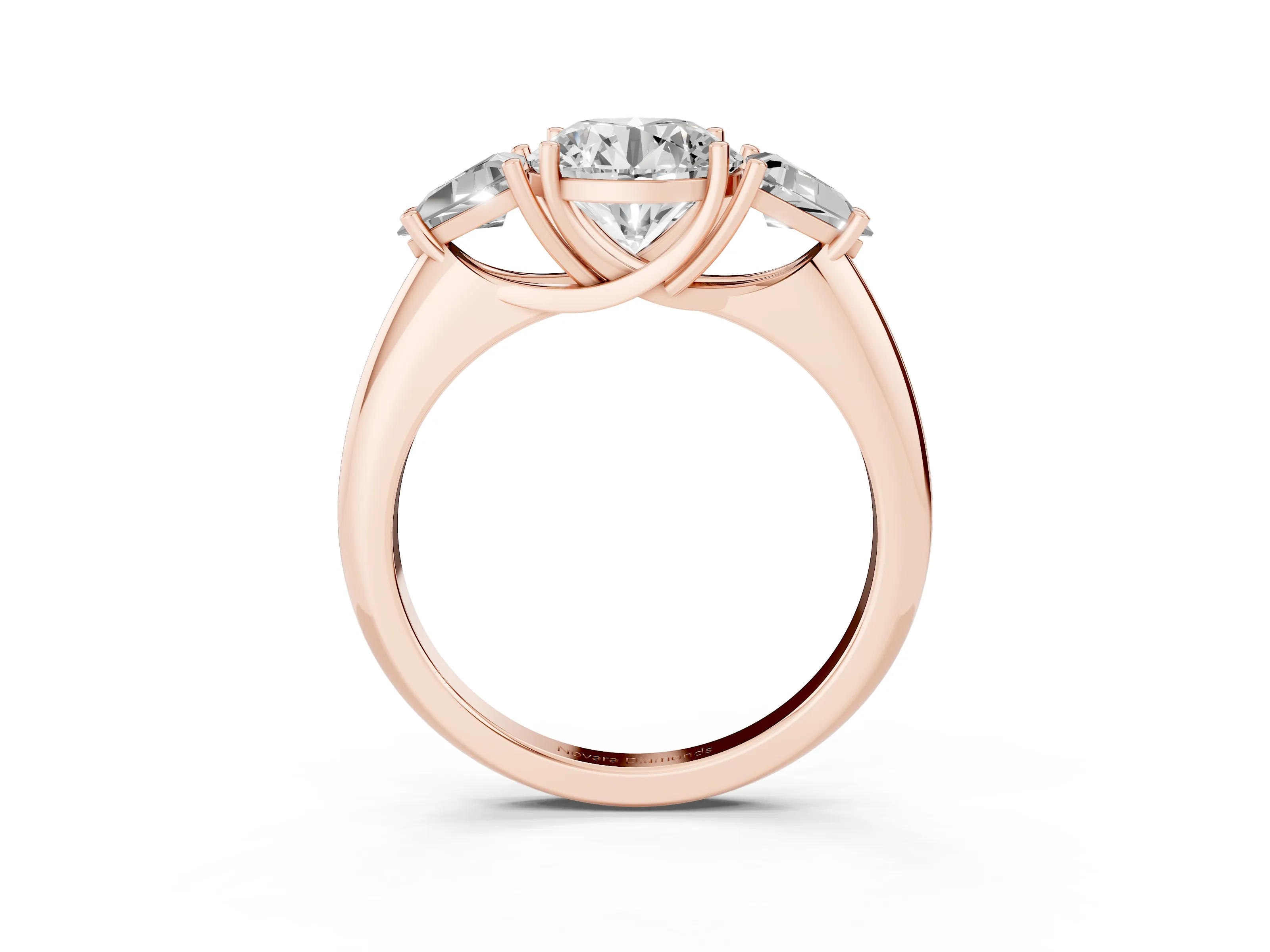 Round Cut Diamond Three-Stone Engagement Ring Set in Rose gold with Trillion Side Stones