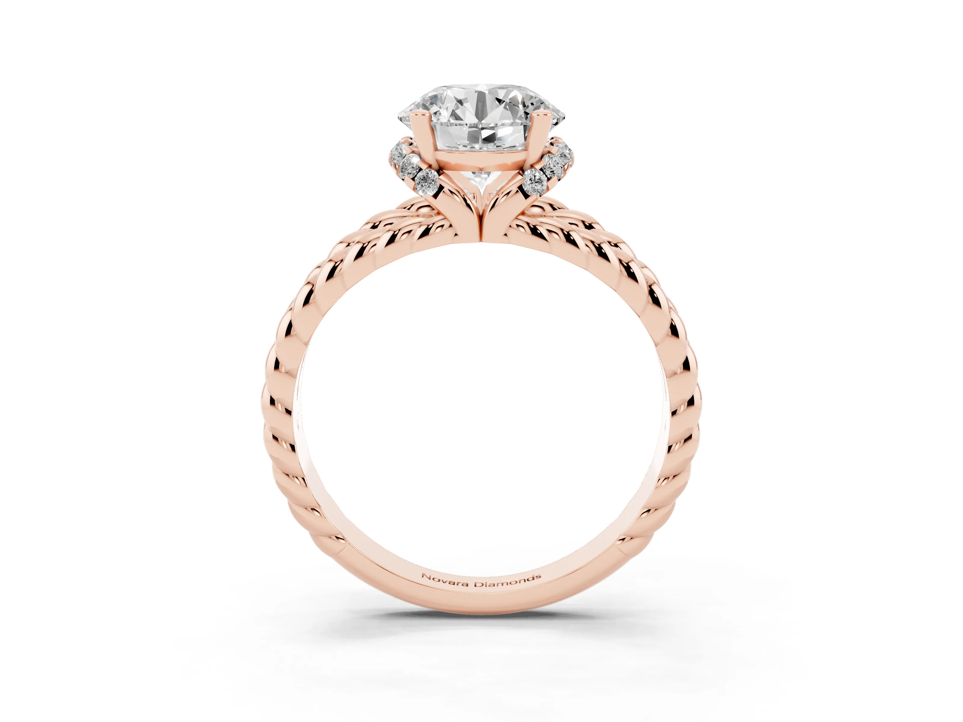 Round Cut Diamond Halo Ring Set in Rose gold with Twisted Band and Prong Setting