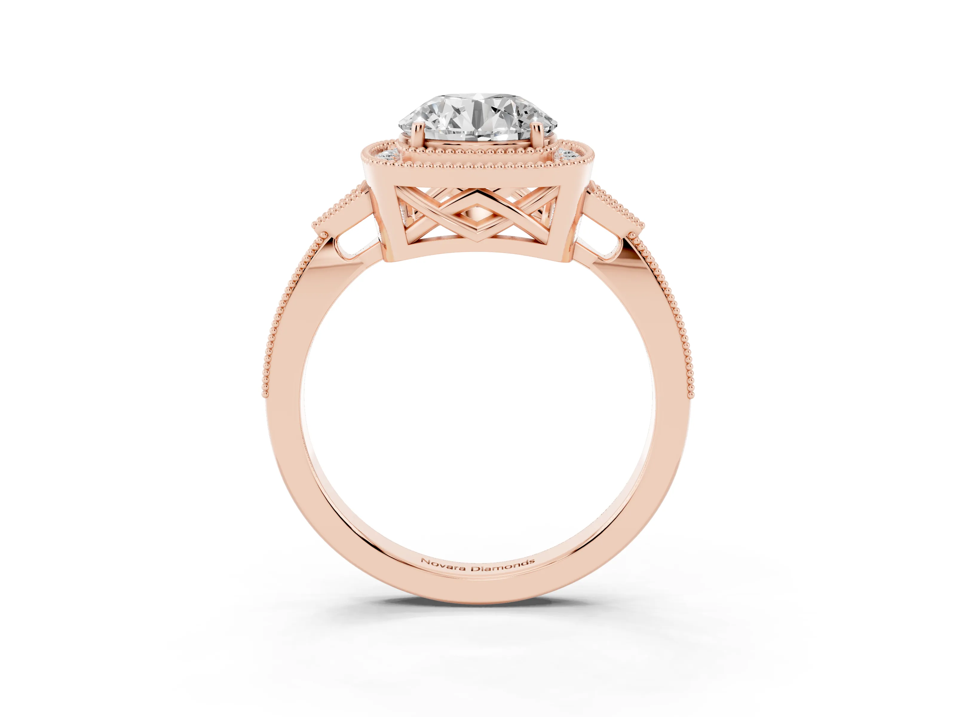 Round Cut Diamond Halo Engagement Ring Set in Rose gold with Milgrain Pavé Band