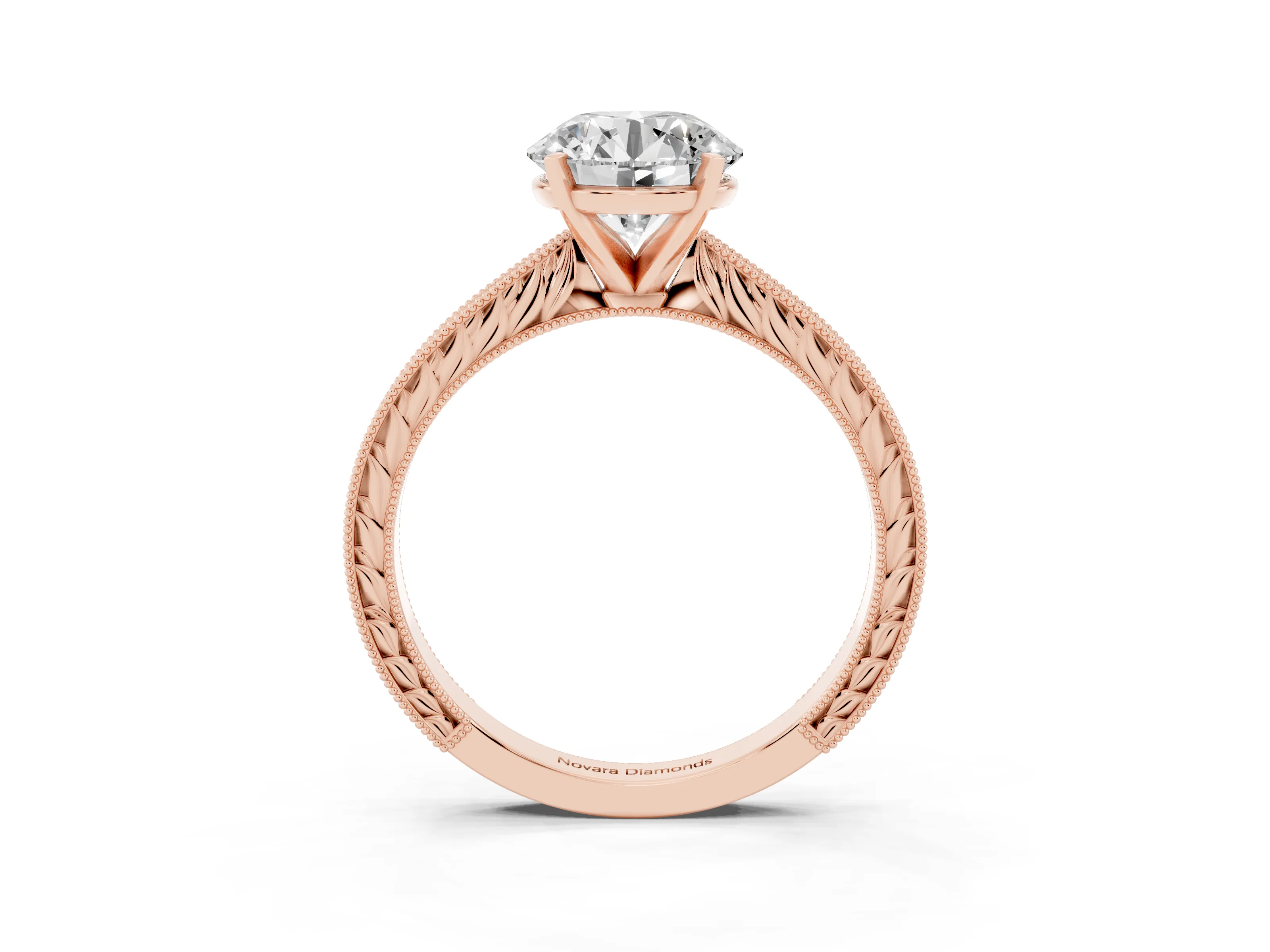 Round Cut Diamond Solitaire Milgrain Engraved Band Set in Rose gold with Prong Setting