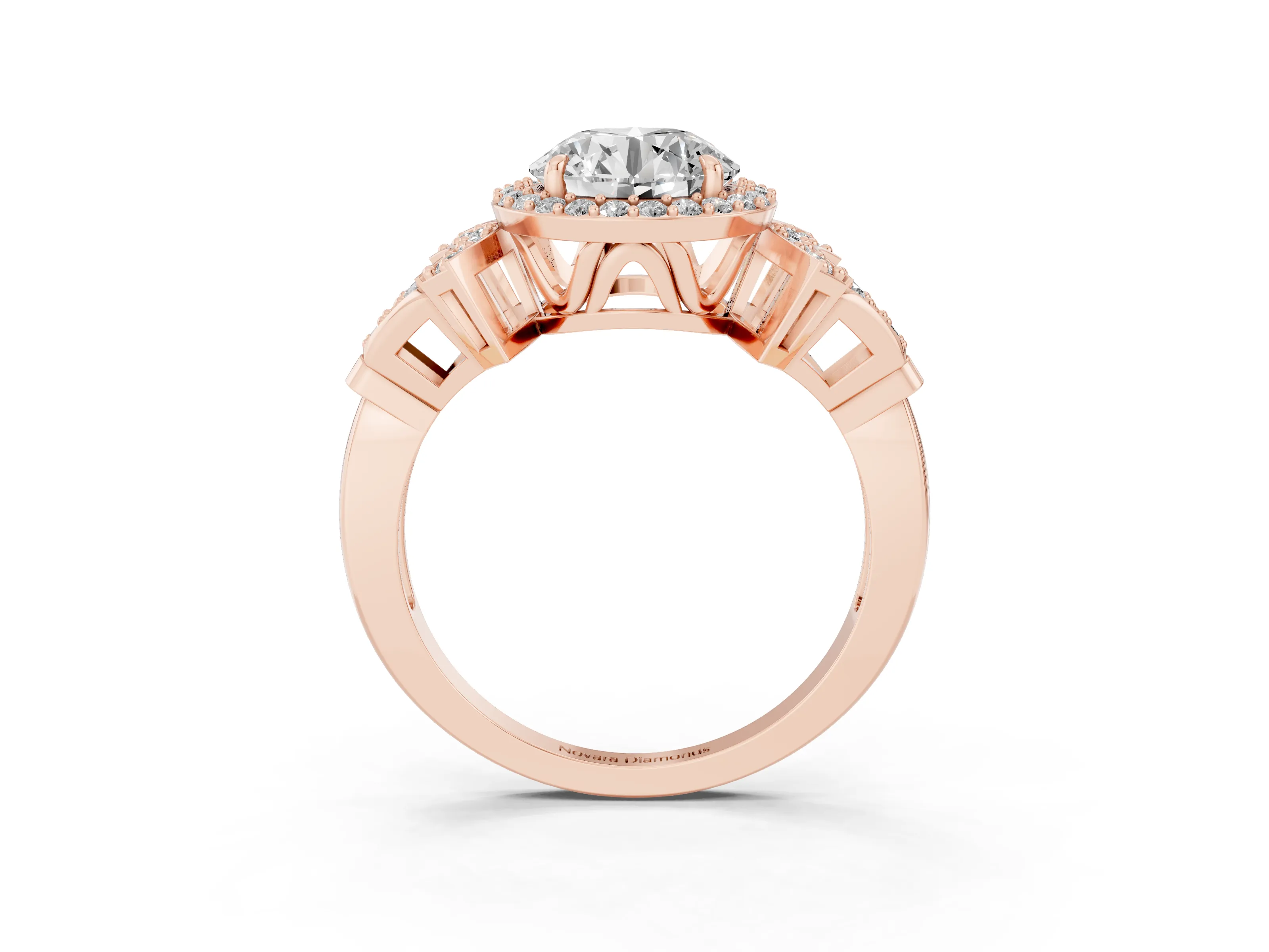 Round Cut Diamond Halo Engagement Ring Set in Rose gold with Accent Stone Split Shank