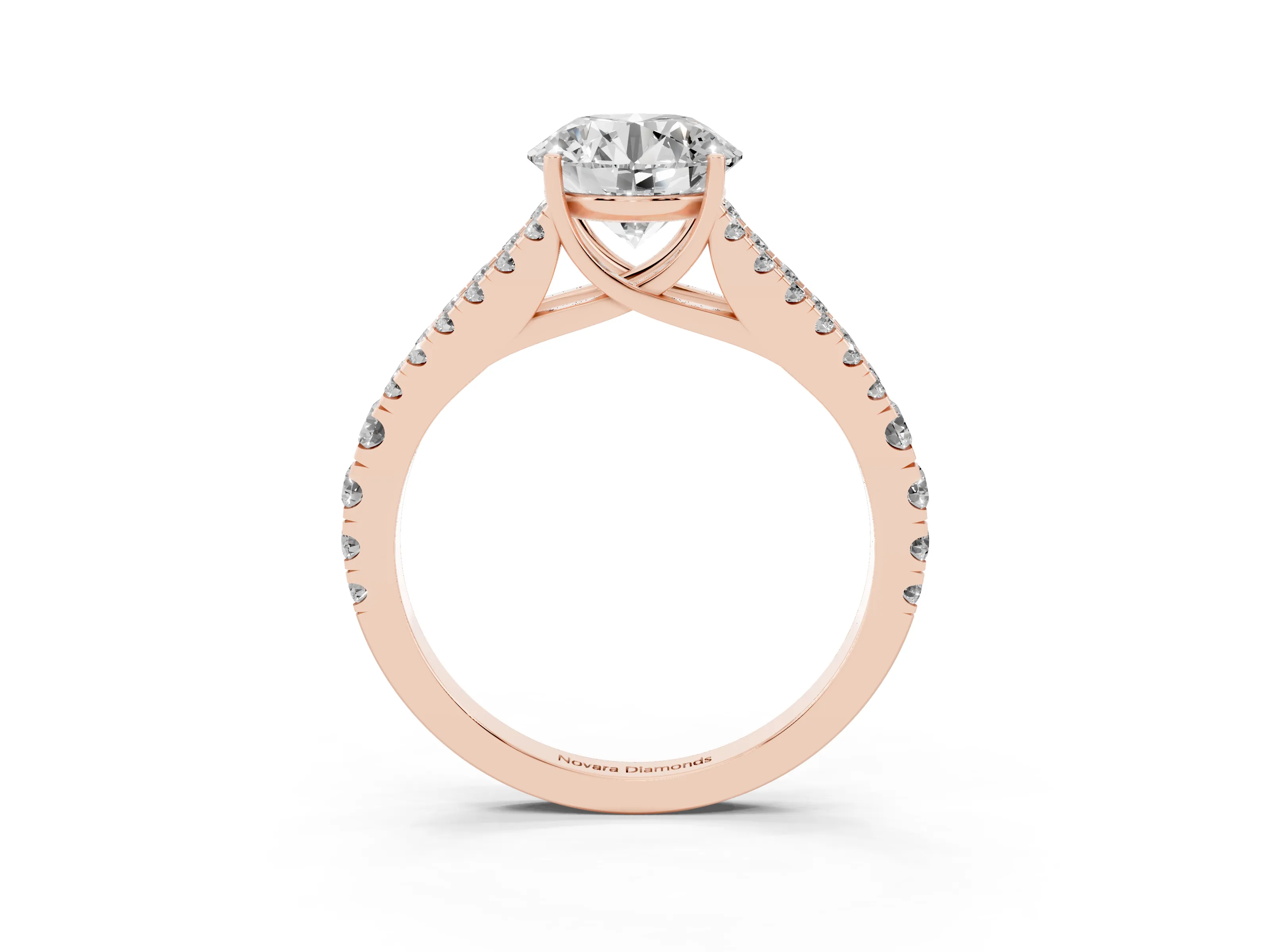 Round Cut Diamond Split Shank Pavé Engagement Ring Set in Rose gold with Prong-Held Center Stone