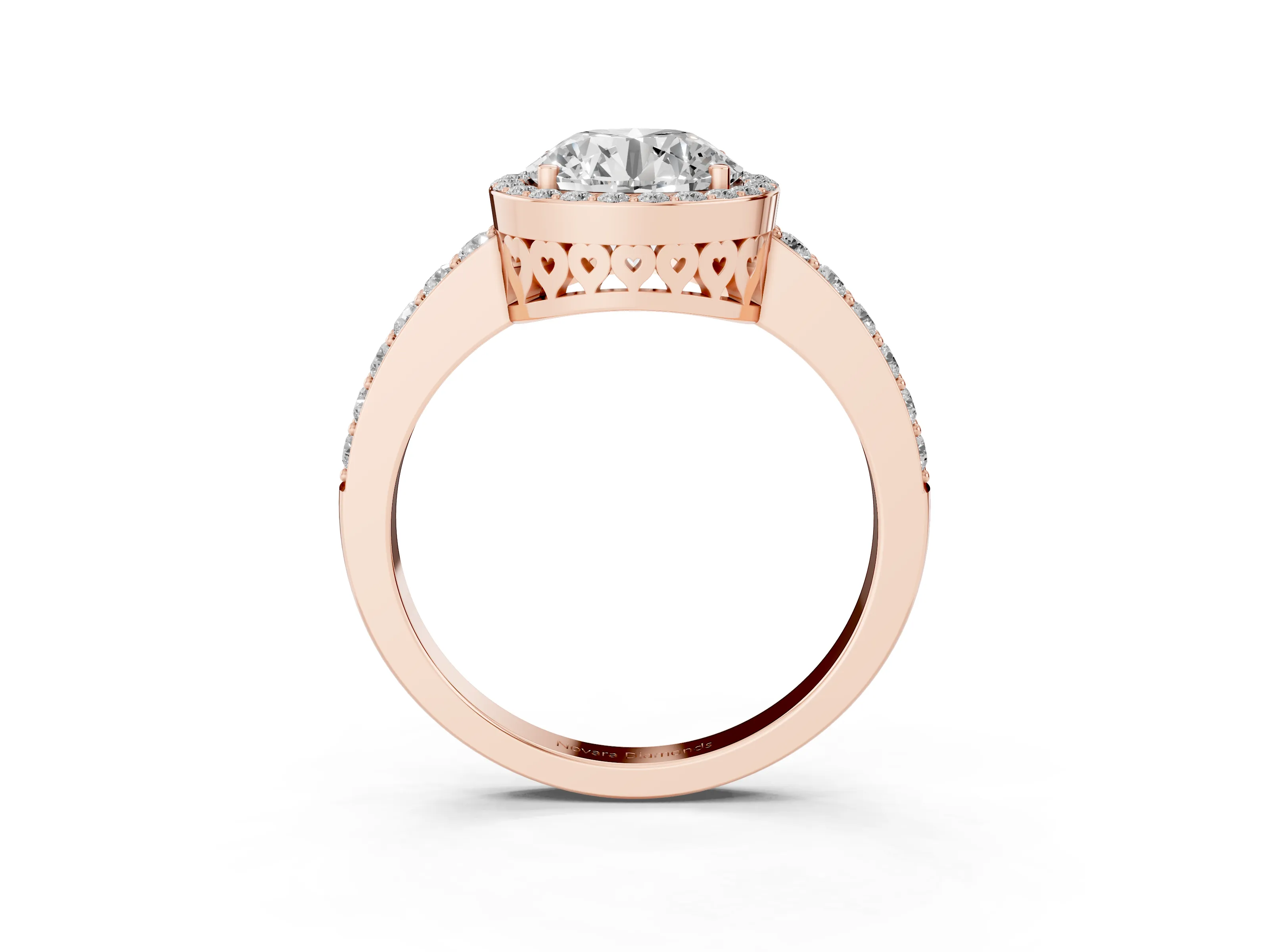 Round Cut Diamond Halo Ring Set in Rose gold with Pavé-Setting Band and Open Prong Center