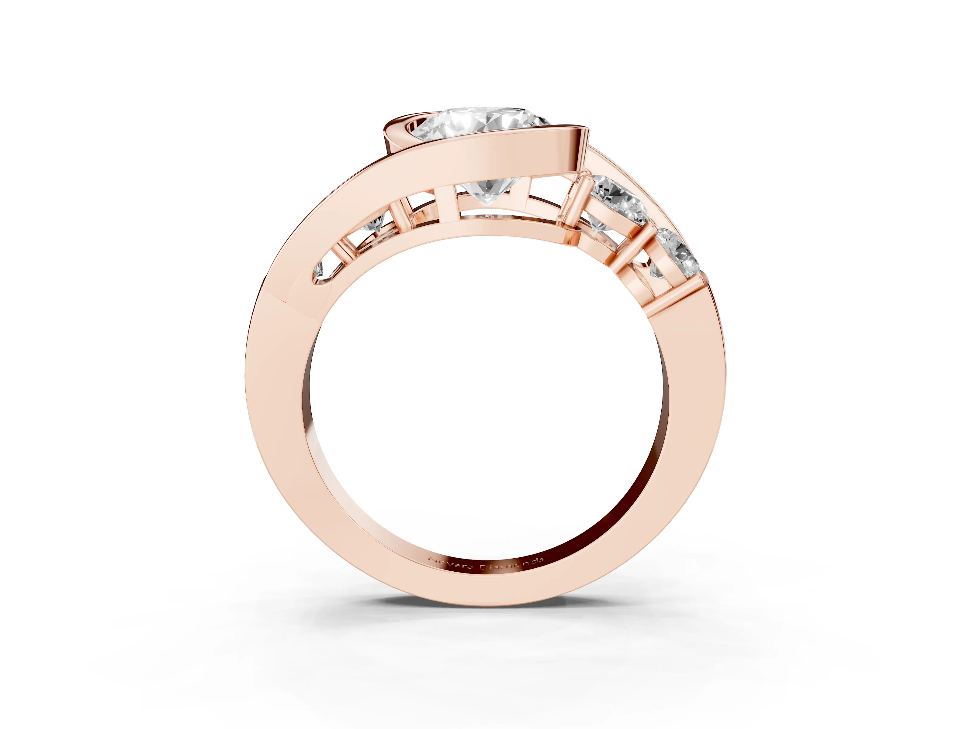 Round Cut Diamond Bezel Bypass Ring Set in Rose gold with Round Accents