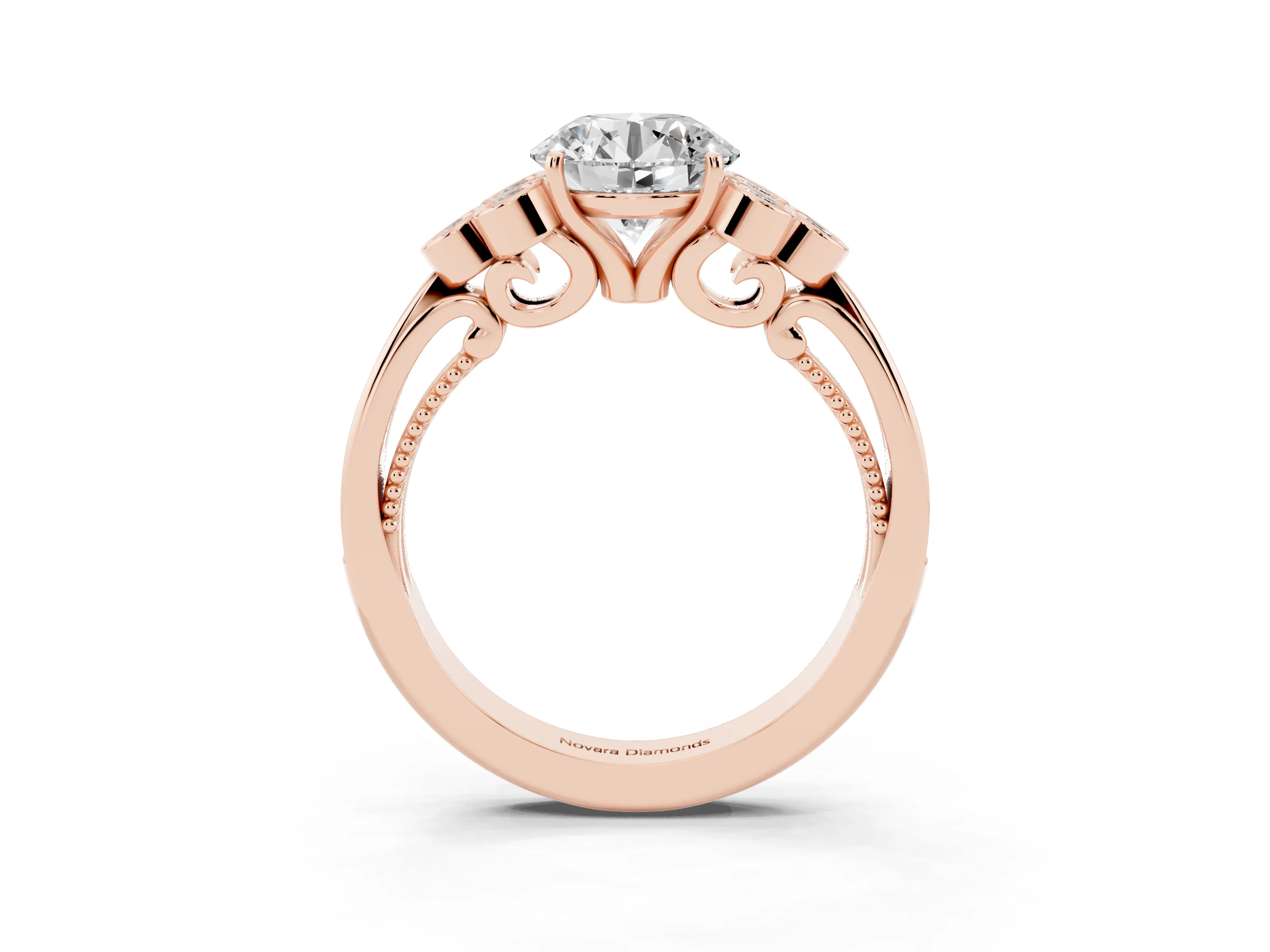 Round Cut Diamond Engagement Ring Set in Rose gold with Bezel Set Round Side Stones and Prong Setting
