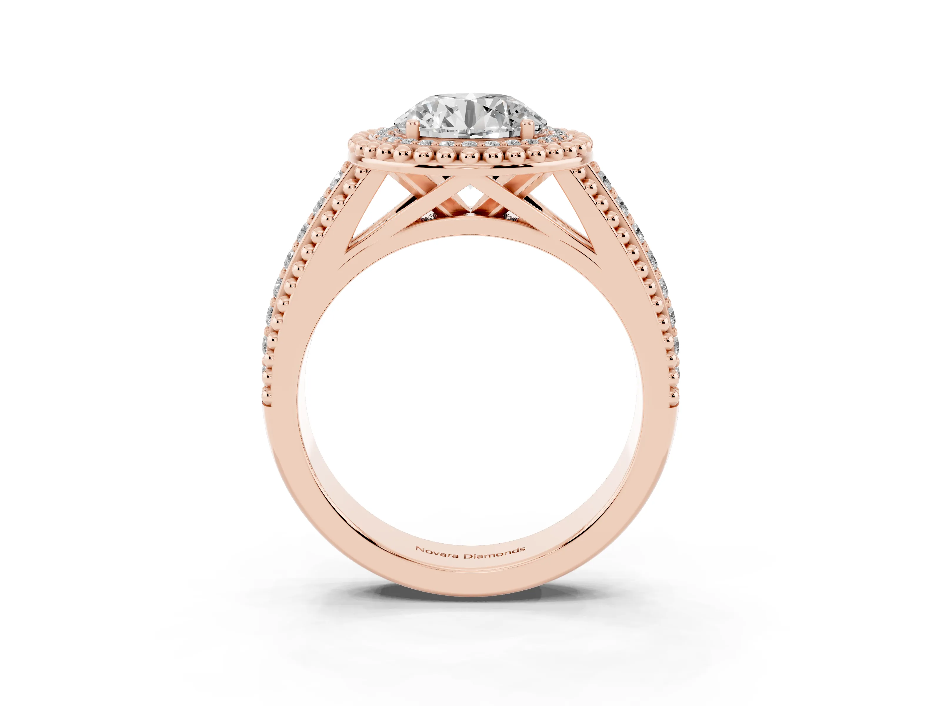 Round Cut Diamond Halo Ring Set in Rose gold with Beaded Split Shank and Prong Setting