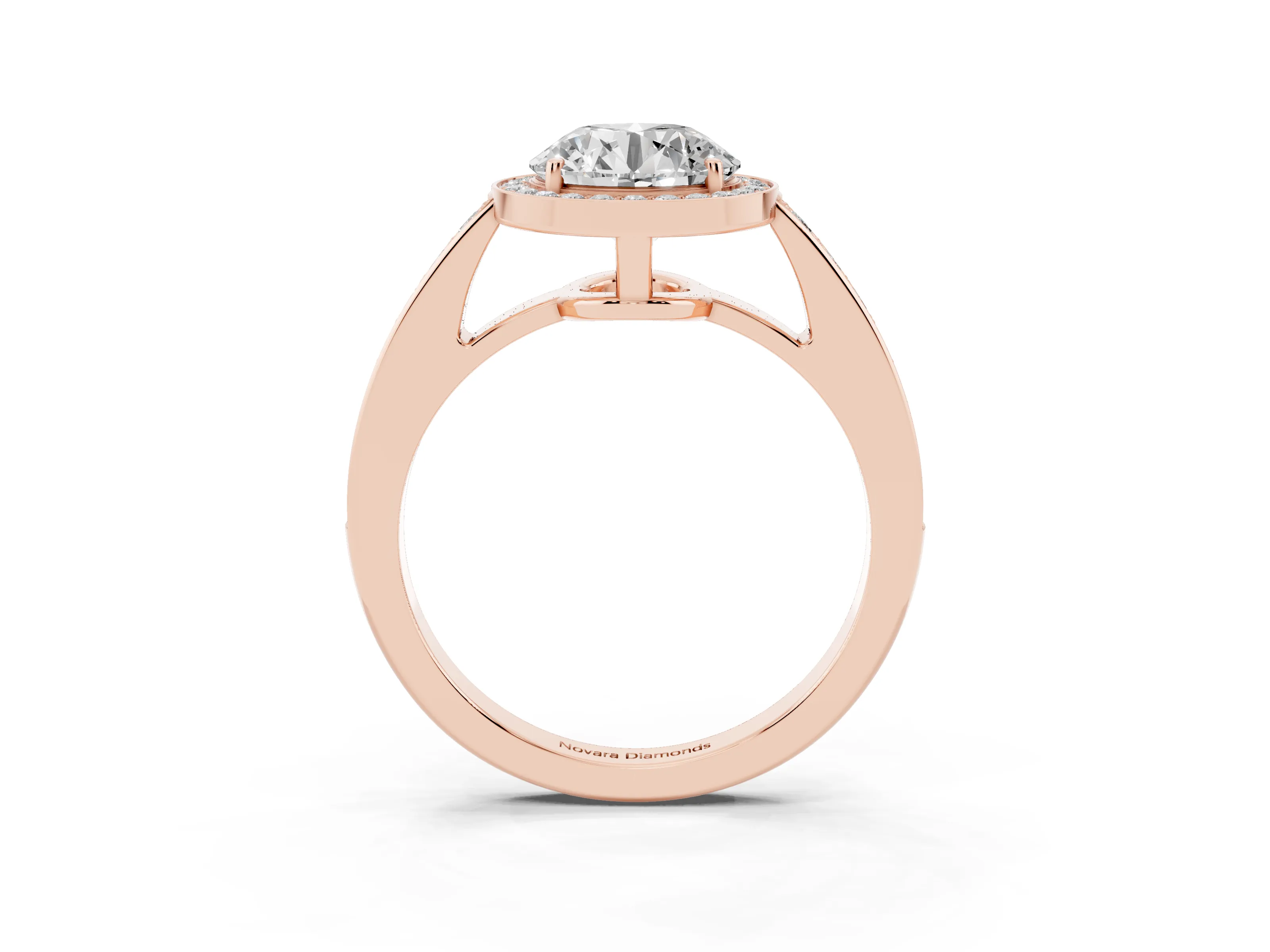 Round Cut Diamond Halo Pavé Engagement Ring Set in Rose gold with Bezel Setting