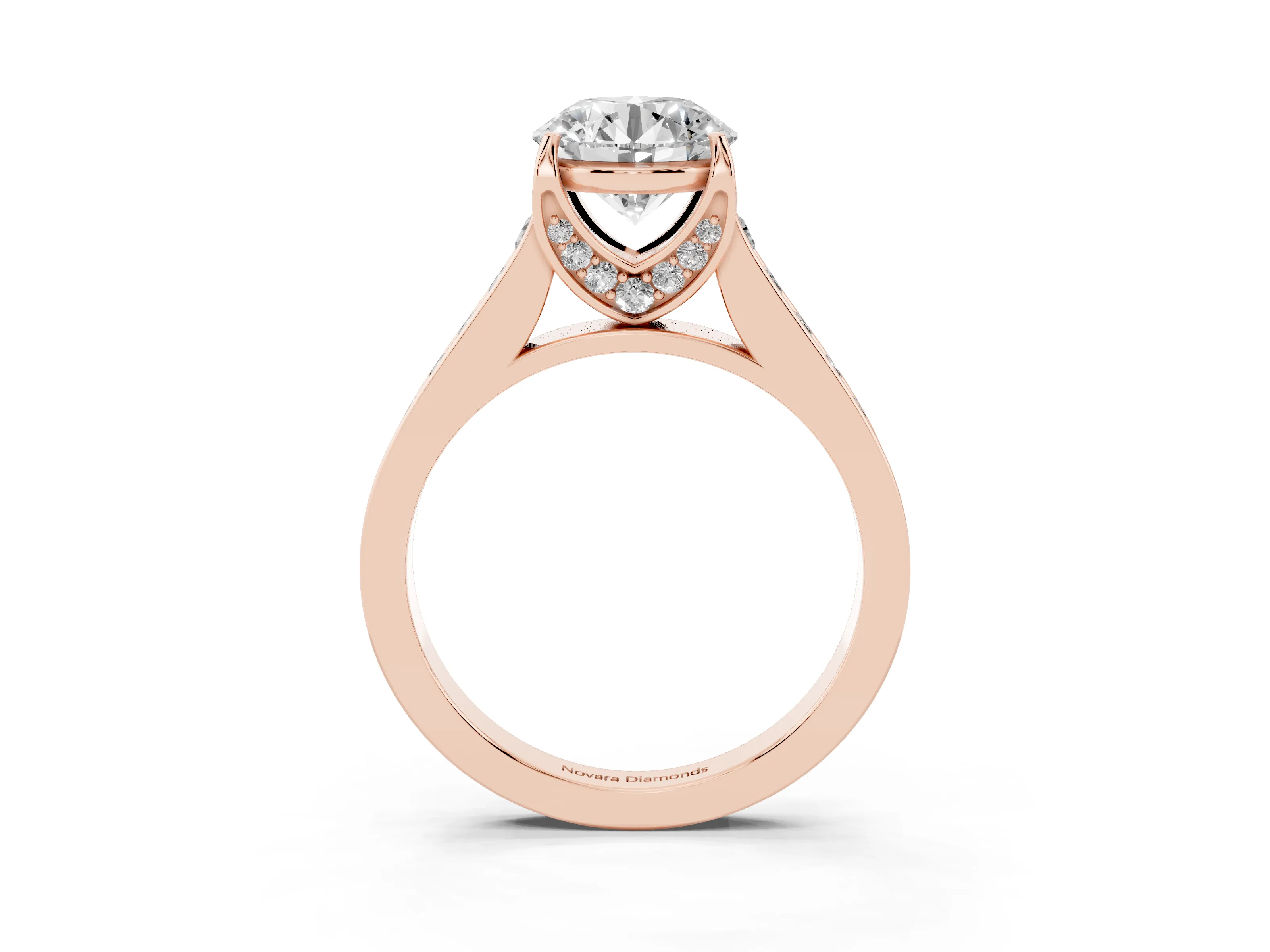 Round Cut Diamond Solitaire Pavé Engagement Ring Set in Rose gold with Prong Setting