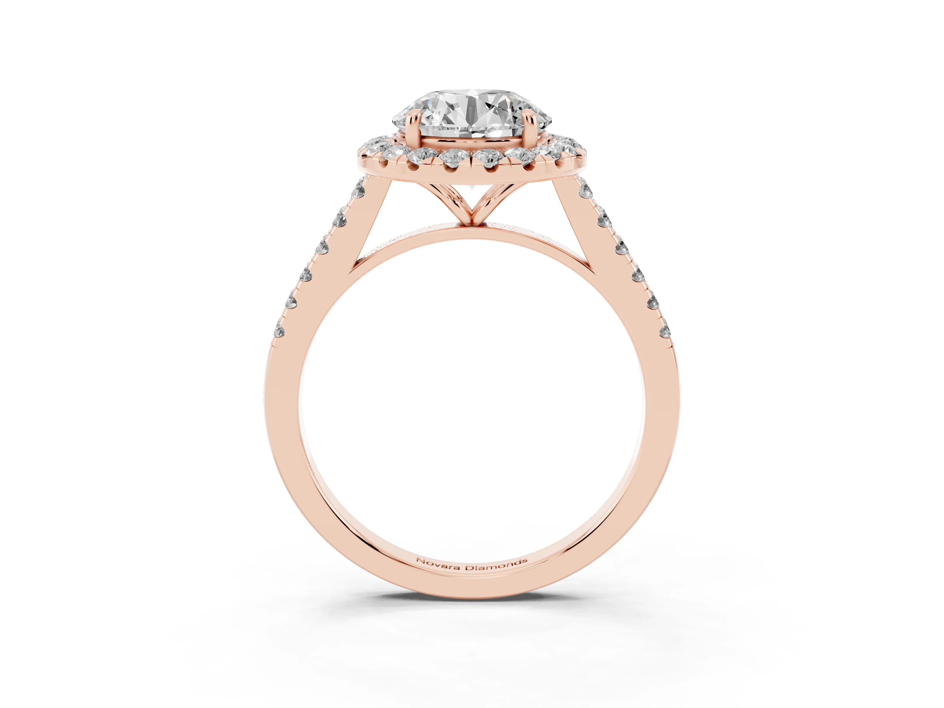 Round Cut Diamond Halo Pavé Engagement Ring Set in Rose gold with Prong Setting
