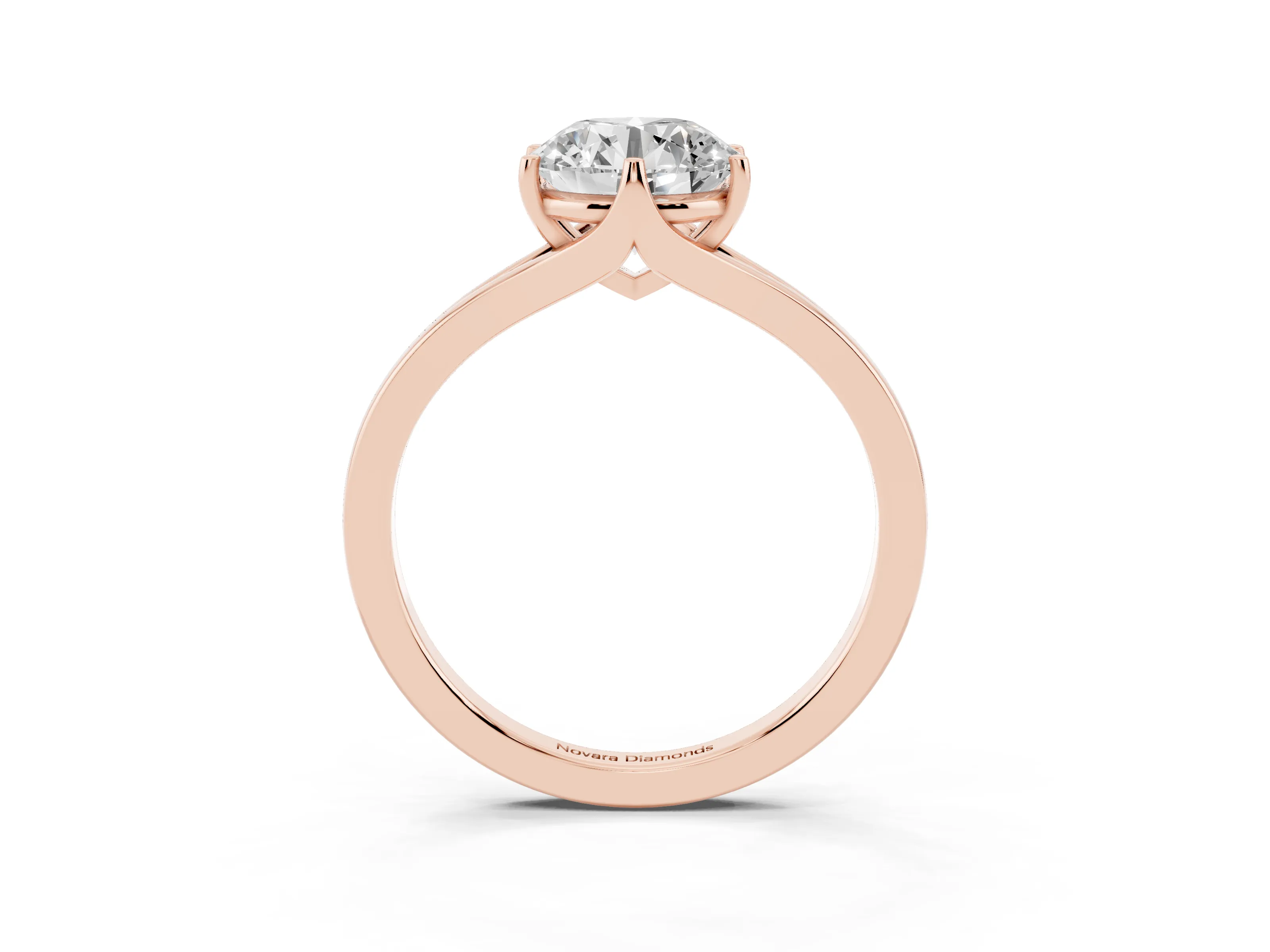 Round Cut Diamond Solitaire Ring Set in Rose gold with Polished Tapered Band and Prong Setting