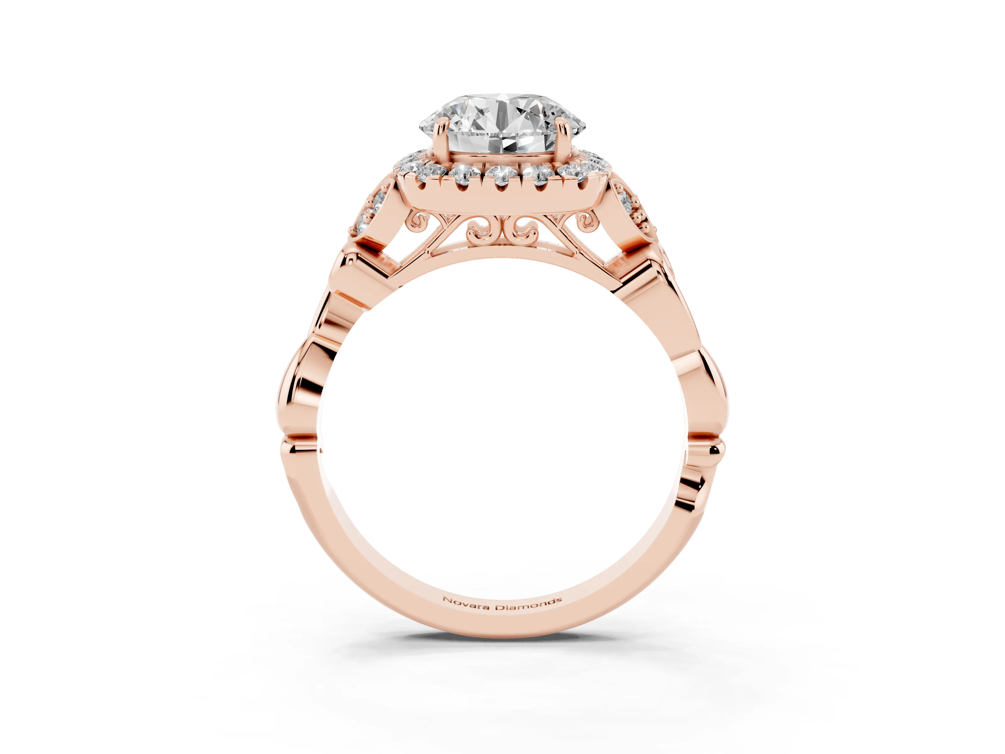 Round Cut Diamond Halo Engagement Ring Set in Rose gold with Vintage-Inspired Band and Prong Setting