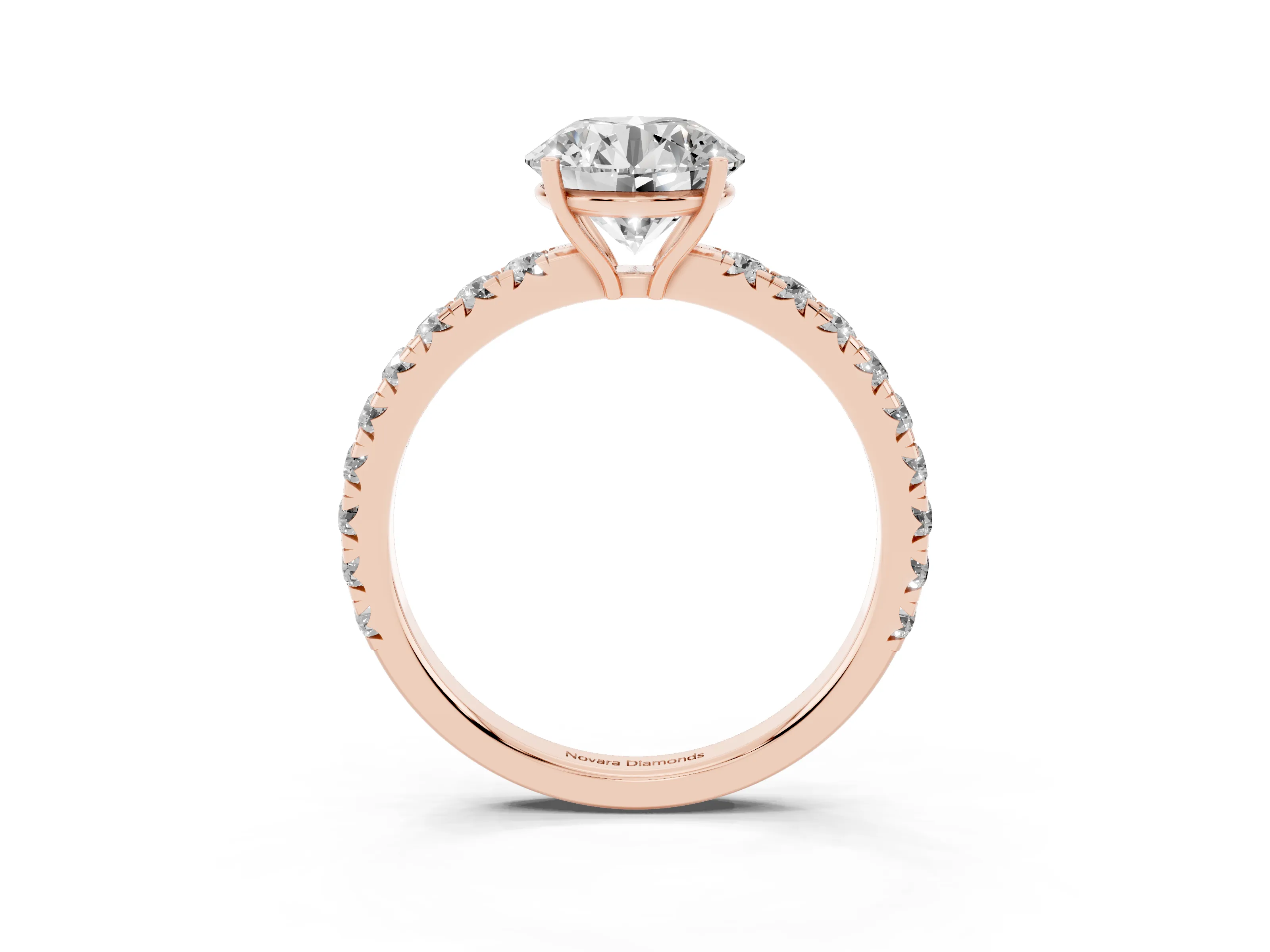 Round Cut Diamond Pavé Solitaire Engagement Ring Set in Rose gold with Prong Setting